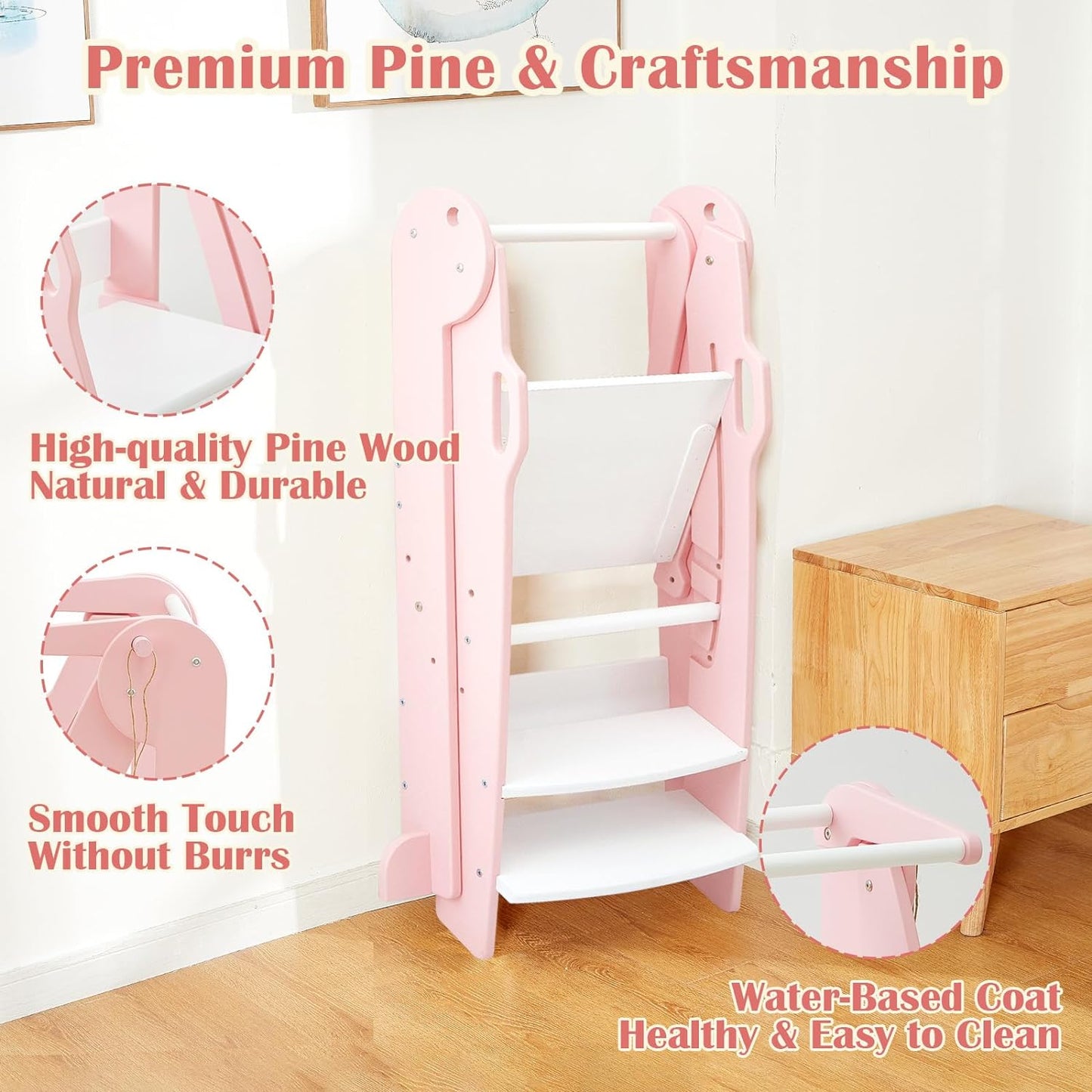 FUNLIO Foldable Kitchen Step Stool for Kids 2-6 Years, Pink