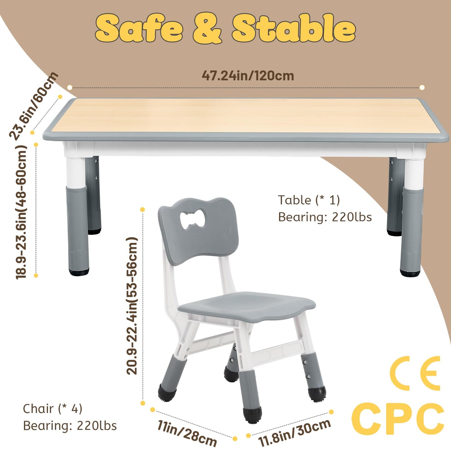 FUNLIO Kids Table and 4 Chairs Set for Ages 3-8