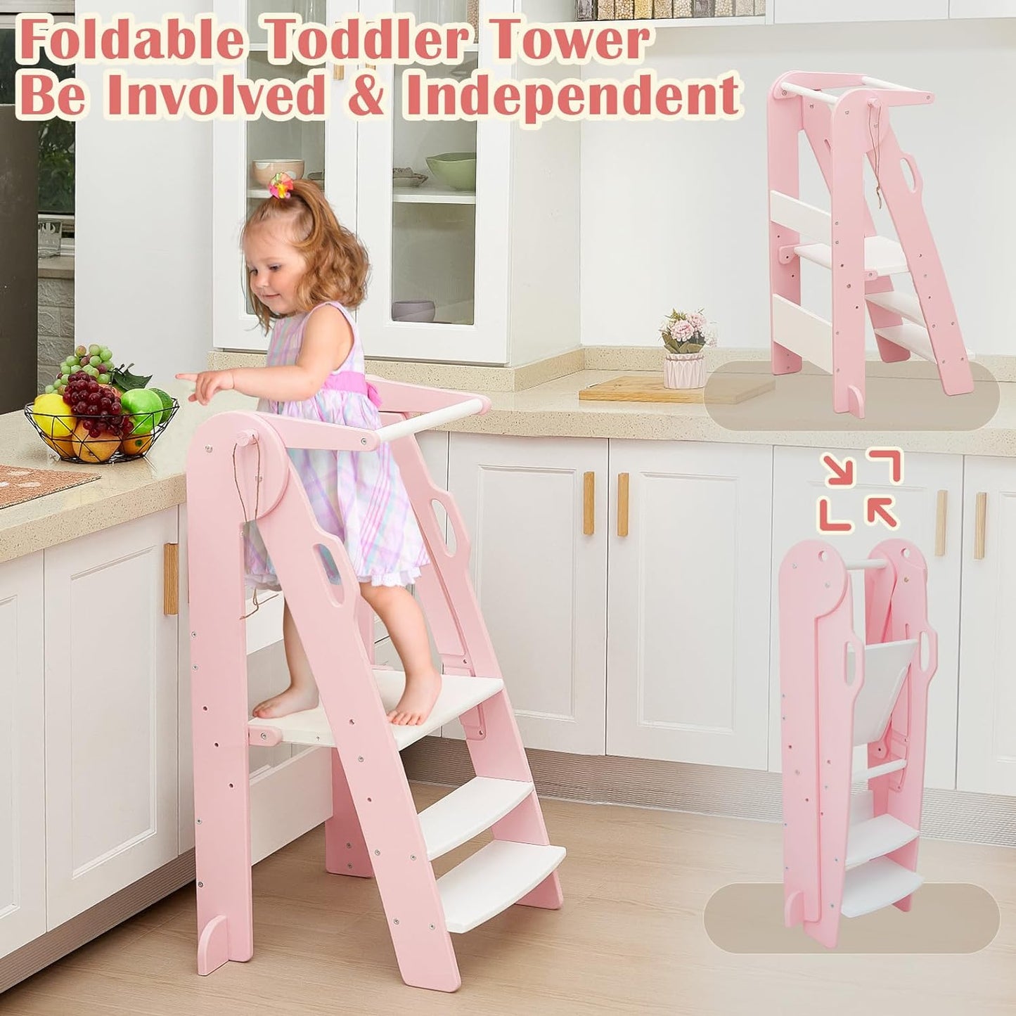 FUNLIO Foldable Kitchen Step Stool for Kids 2-6 Years, Pink