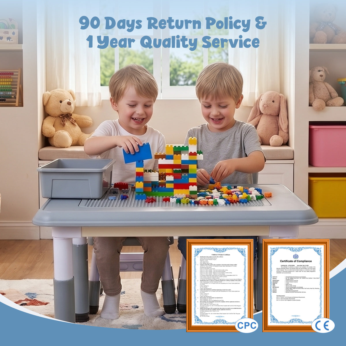 FUNLIO Kids Activity Table & 2Chairs Set, Adjustable Heights, Storage, Grey