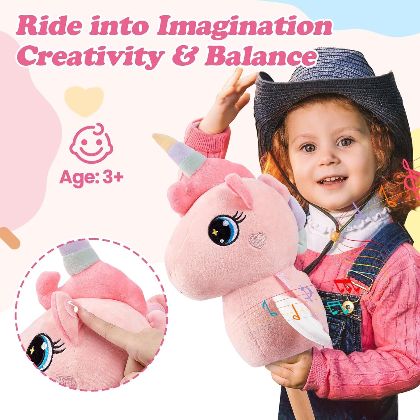 FUNLIO Unicorn Stick Horse for Kids 3+, Rainbow Fairy Hobby Horse with Soft Plush & Wood Wheels, Neighing and Galloping Sound for Pretend Play & Creativity, Horse Toys Gift, CPC & CE Certified - Pink