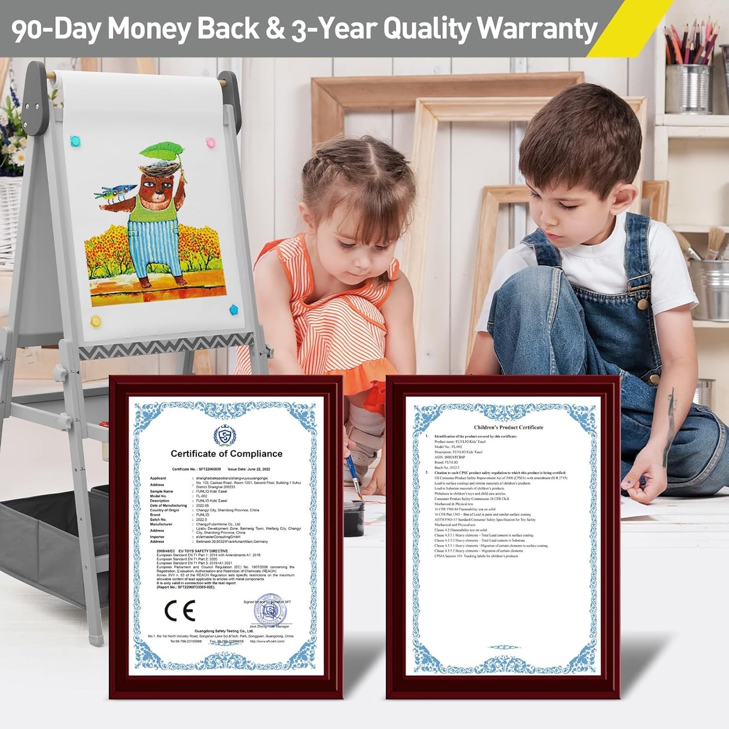 FUNLIO Anti-Warping Kids Art Easel, 3 Height Adjustable for Kids Aged 3-8, All-in-One Toddler Easel with Paper Roll & Erasable Frame, Standing Easel with Magnetic Chalkboard/Whiteboard (Gray)