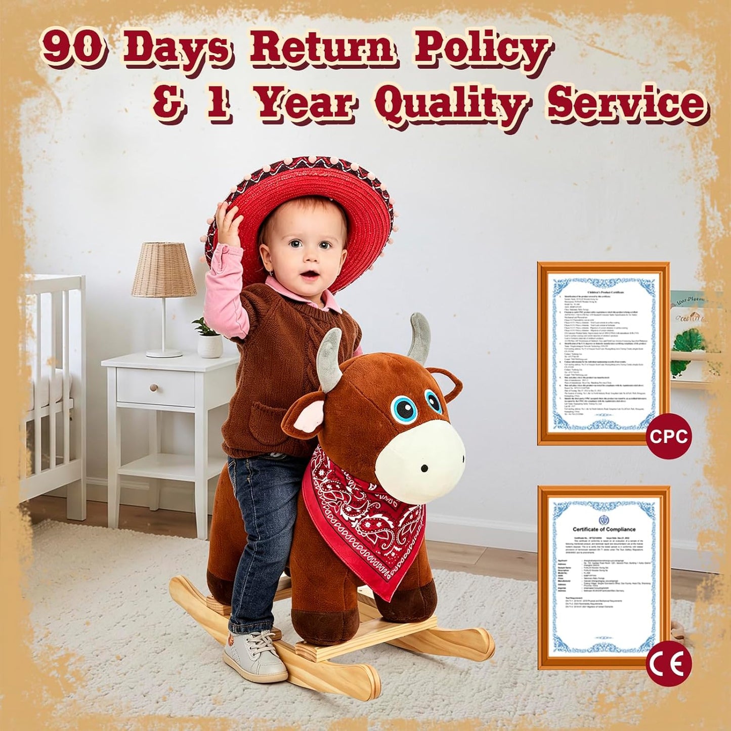 FUNLIO Bull Rocking Horse Ages 1-3, Wild Baby Rocking Horse with Cuddly Head & Bright Sparkling Eyes, Stuffed Plush Ride-on Baby Rocker, Easy to Assemble, CPC & CE Certified