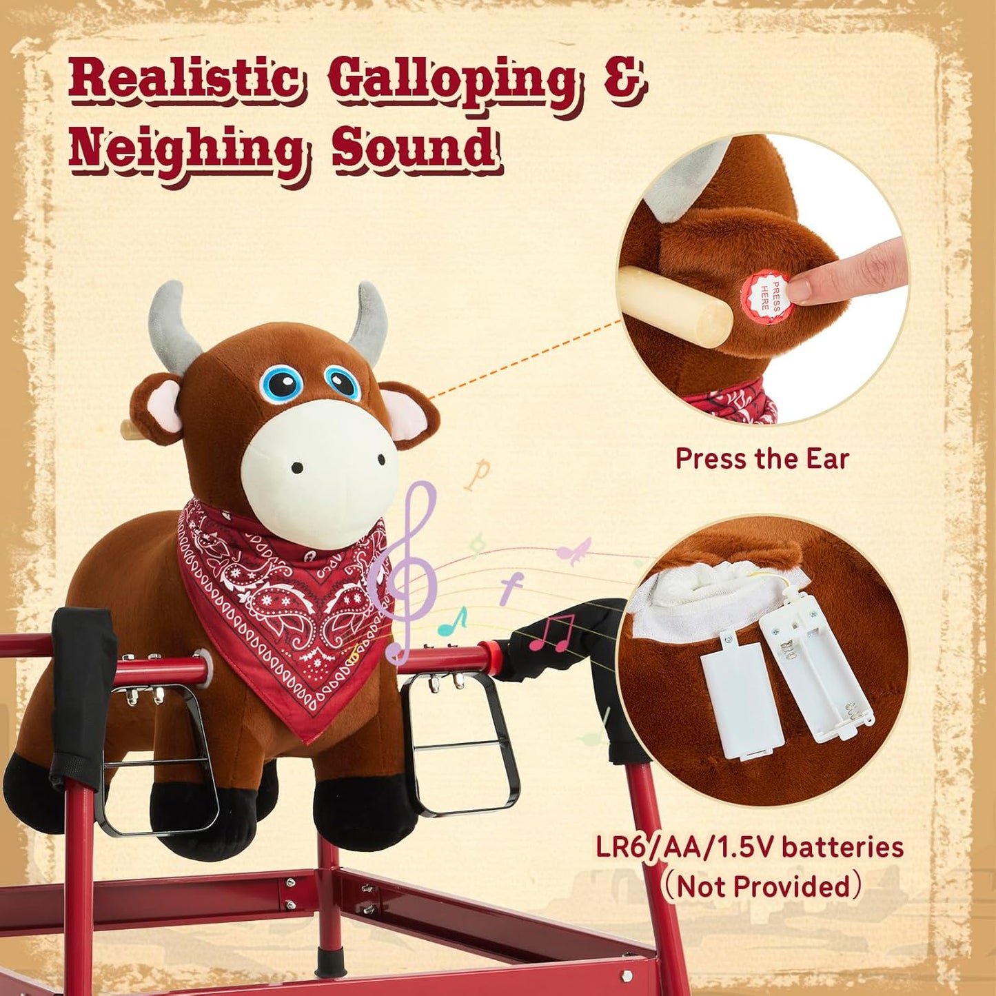 FUNLIO Bull Spring Rocking Horse for Kids 3-6, Wild Ride on Horse with Covered Spring & Sturdy Frame, Neighing & Galloping Sound for Pretend Play, Spring Horse Toys Gift, CPC & CE Certified