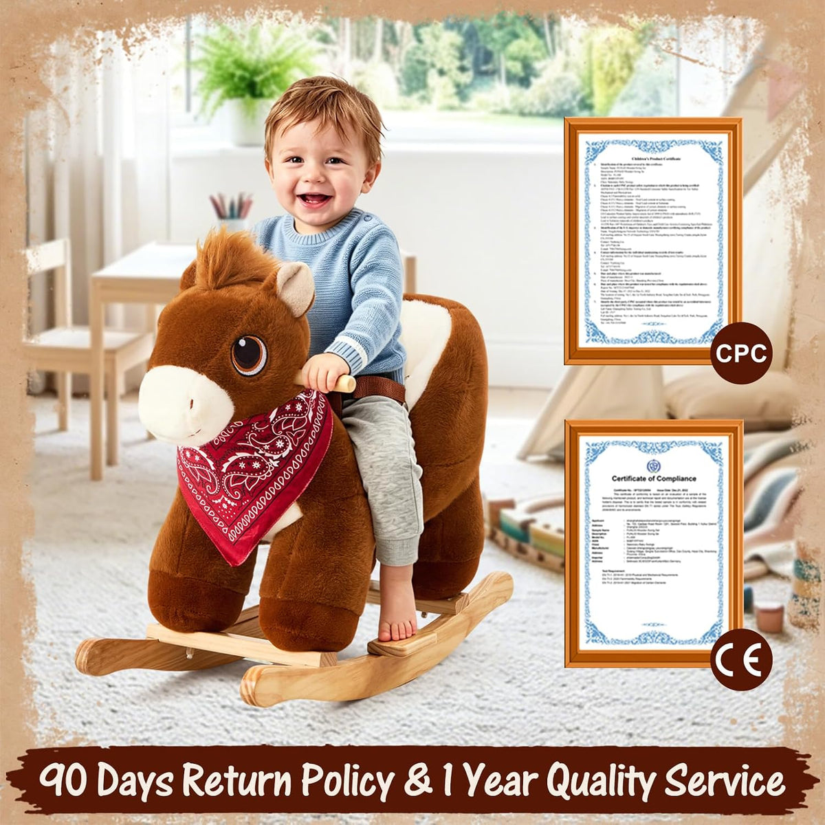 FUNLIO Pony Rocking Horse for Toddlers 6 Months to 3 Years, Cute Baby Rocking Horse with Safety Belt, Stuffed Plush Ride on Horse, Easy to Assemble Baby Rocker, Nursery, CPC & CE Certified - Dark Brown