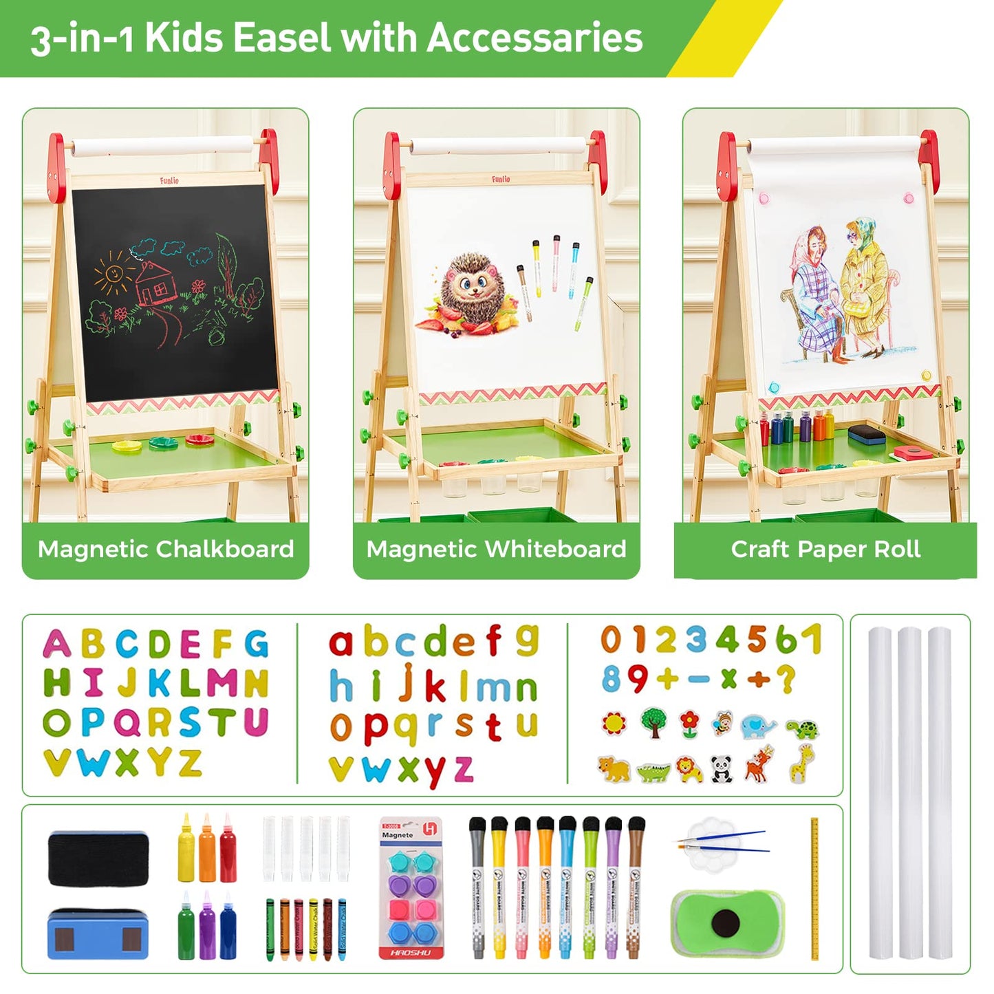 Cavalletto da disegno per bambini FUNLIO, regolabile in 3 altezze, verde