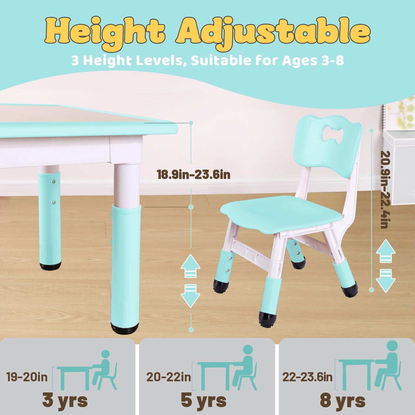 FUNLIO Kids Table and 2 Chairs Set, Height Adjustable Toddler Table and Chair Set