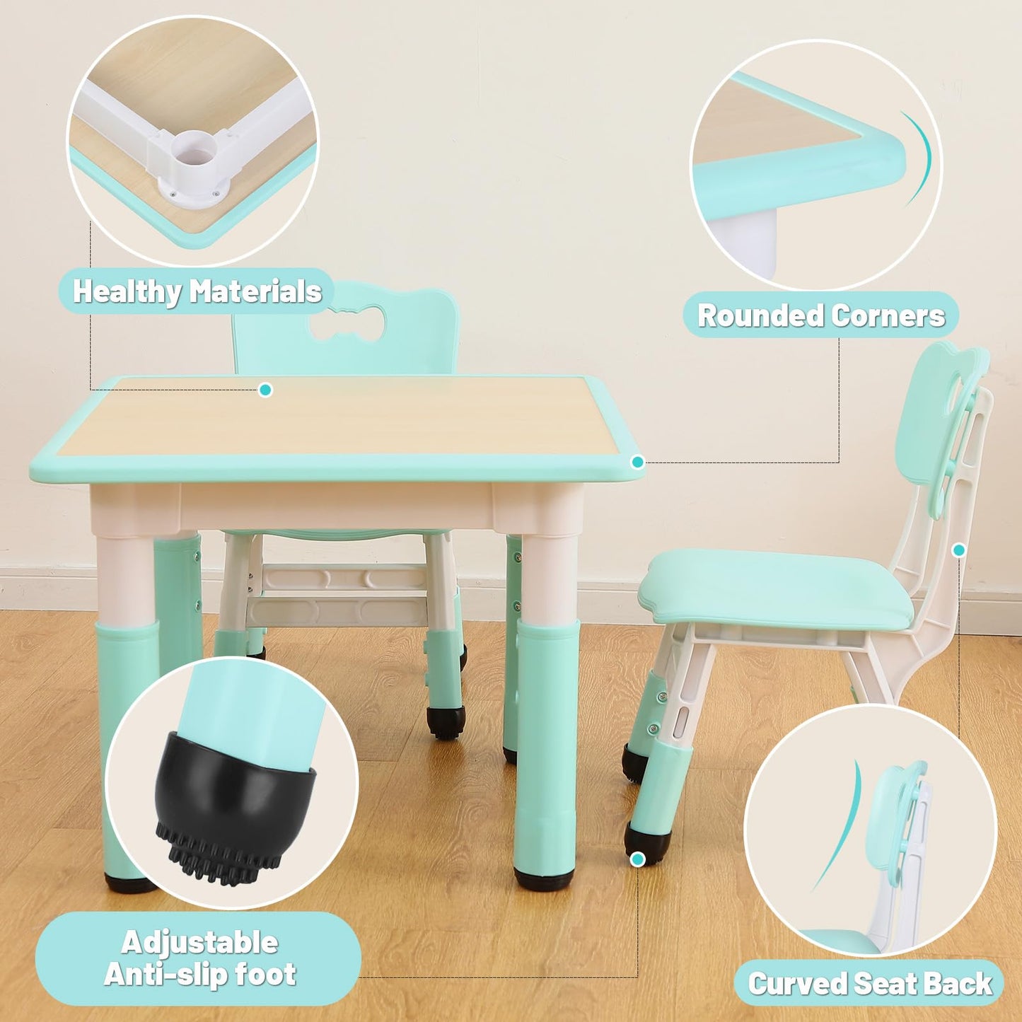 FUNLIO Kids Table and 2 Chairs Set, Height Adjustable Toddler Table and Chair Set