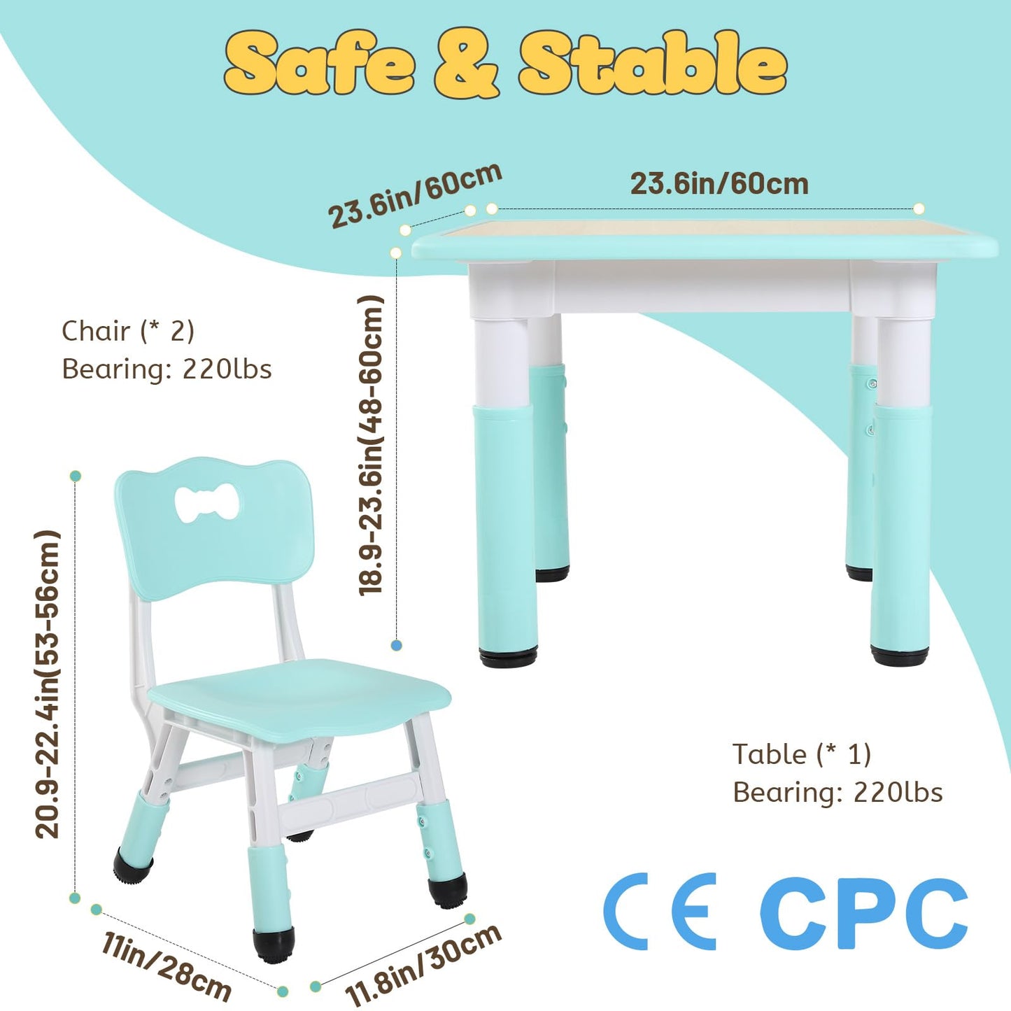 FUNLIO Kids Table and 2 Chairs Set, Height Adjustable Toddler Table and Chair Set