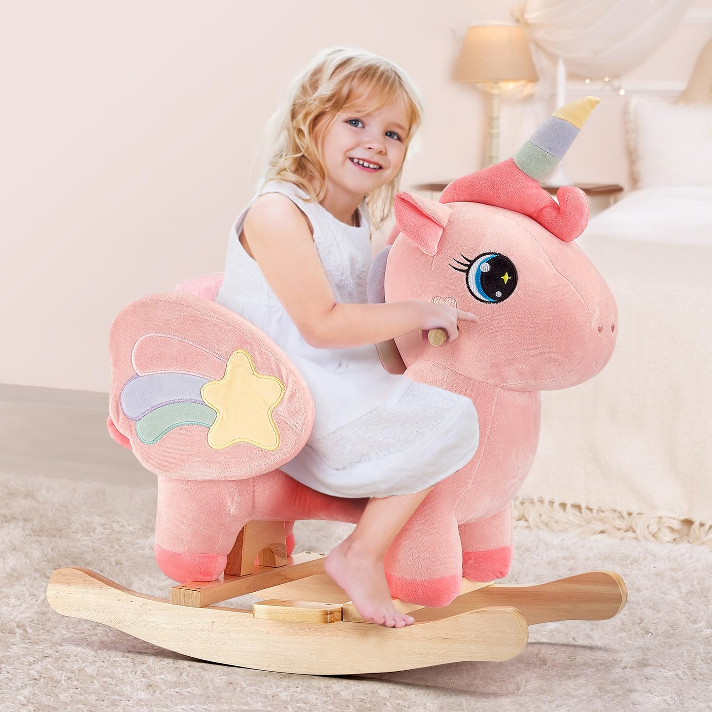 FUNLIO Cavallo a Dondolo Unicorno, Rainbow Fairy per bambini da 6 mesi a 3 anni, Cavalcabile