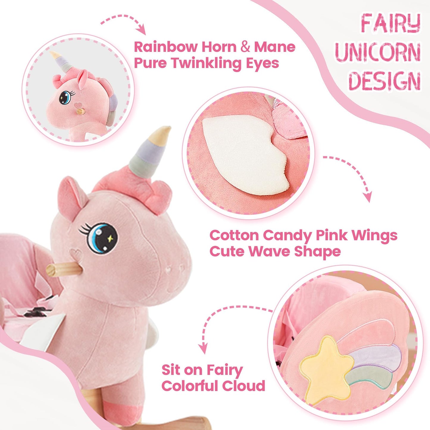 FUNLIO Cavallo a Dondolo Unicorno, Rainbow Fairy per bambini da 6 mesi a 3 anni, Cavalcabile