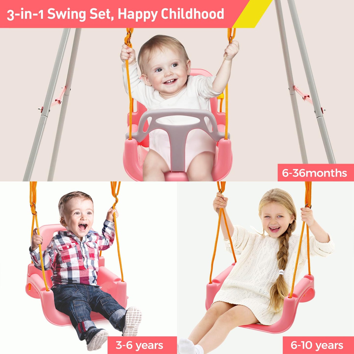 FUNLIO 3-in-1 Toddler Swing Set with 4 Sandbags, Pink