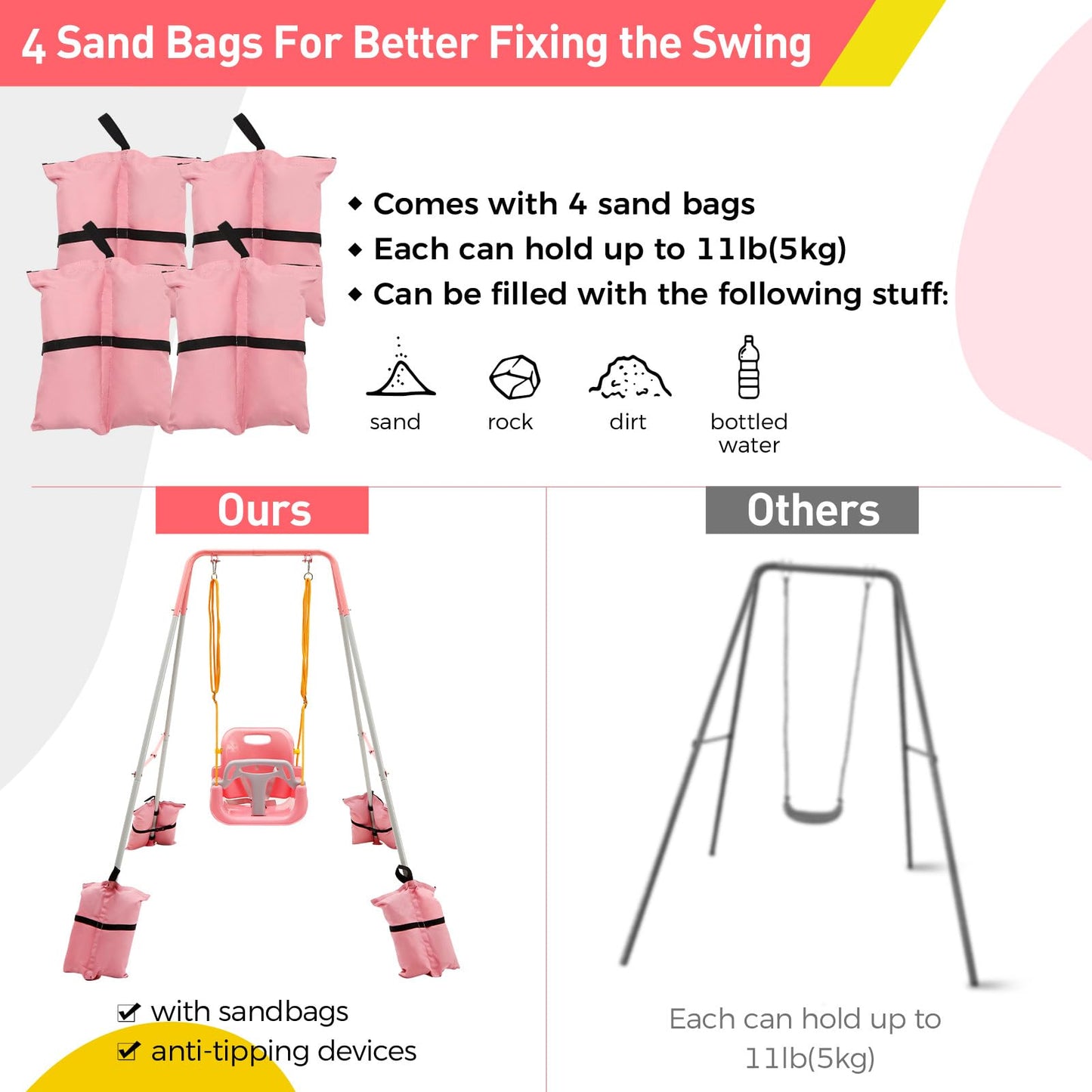 FUNLIO 3-in-1 Toddler Swing Set with 4 Sandbags, Pink