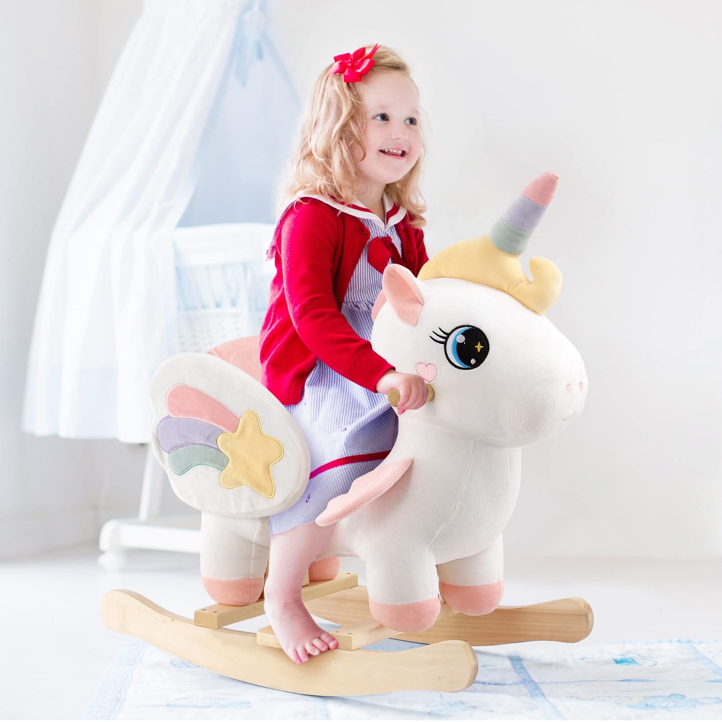 FUNLIO Cavallo a Dondolo Unicorno, Rainbow Fairy per bambini da 6 mesi a 3 anni, Cavalcabile