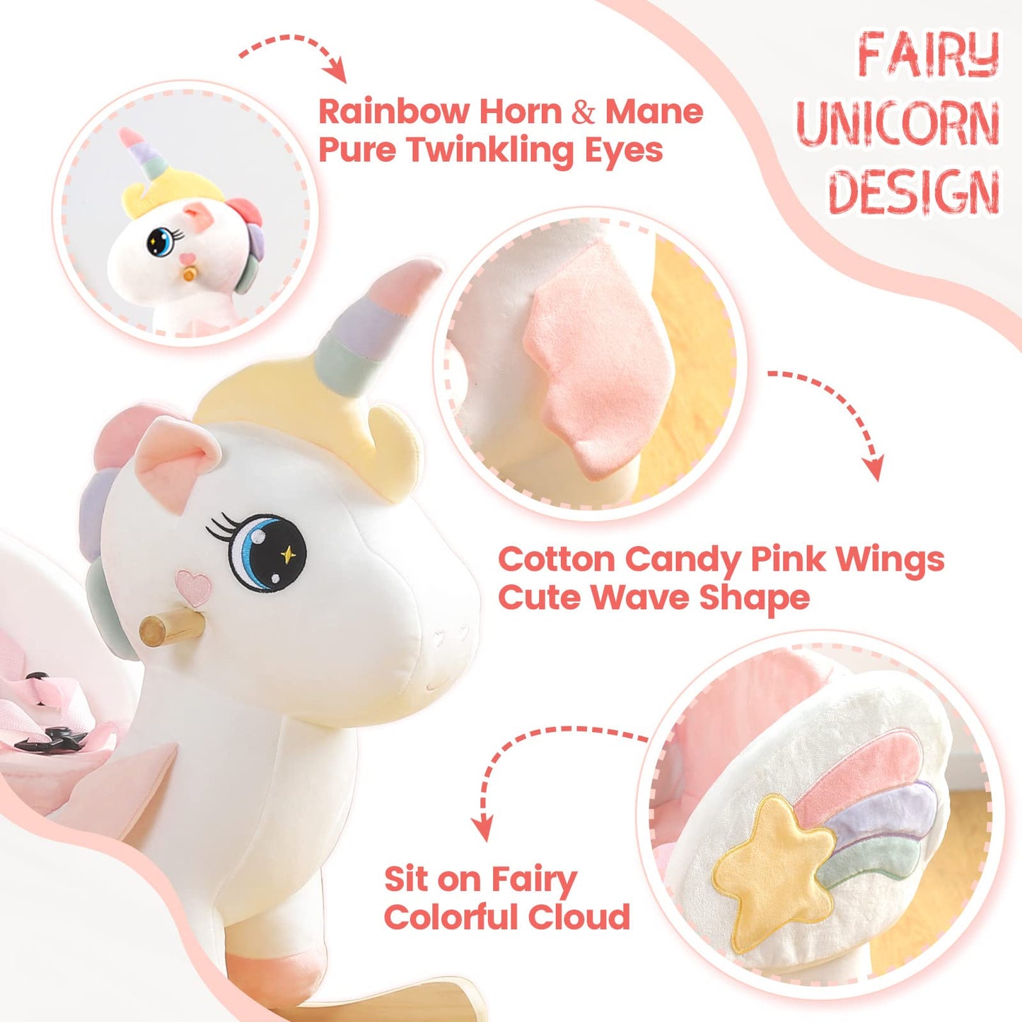 FUNLIO Cavallo a Dondolo Unicorno, Rainbow Fairy per bambini da 6 mesi a 3 anni, Cavalcabile