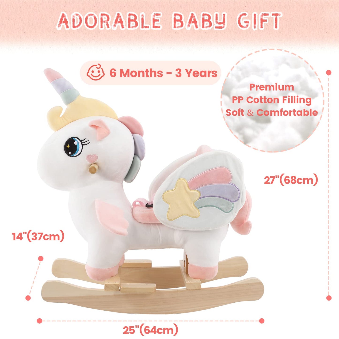 FUNLIO Cavallo a Dondolo Unicorno, Rainbow Fairy per bambini da 6 mesi a 3 anni, Cavalcabile, di Peluche, Facile da Montare