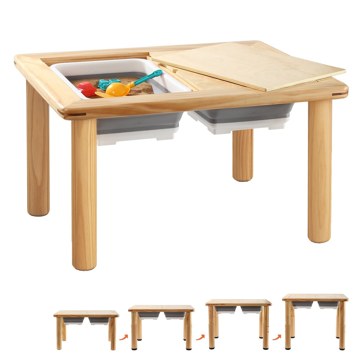 Tavolo sensoriale in legno FUNLIO con 2 contenitori per bambini da 1 a 5 anni, altezza regolabile su 4 livelli