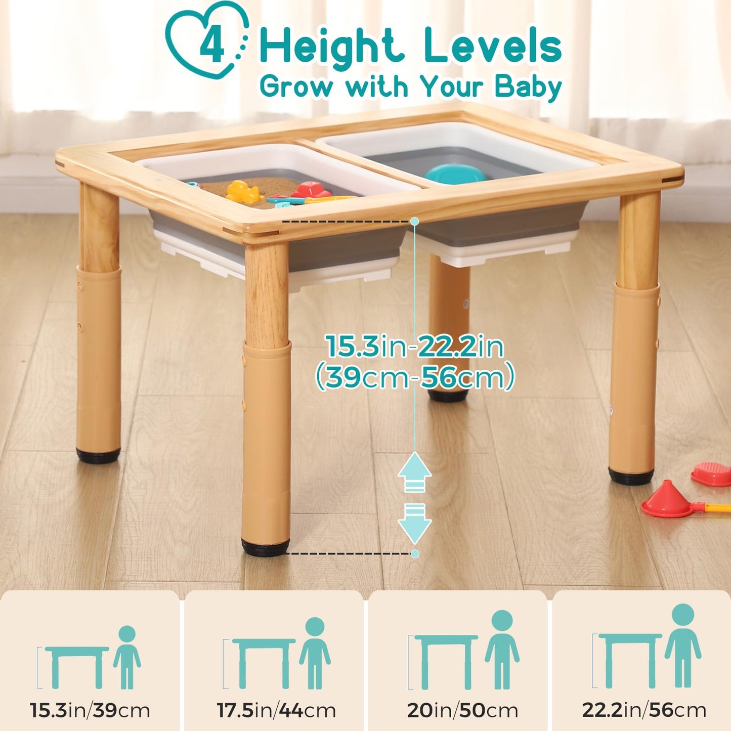 Tavolo sensoriale in legno FUNLIO con 2 contenitori per bambini da 1 a 5 anni, altezza regolabile su 4 livelli