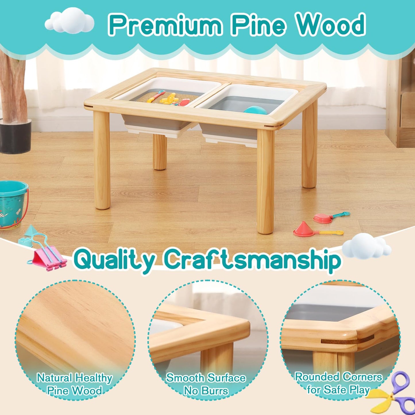 Tavolo sensoriale in legno FUNLIO con 2 contenitori per bambini da 1 a 5 anni, altezza regolabile su 4 livelli