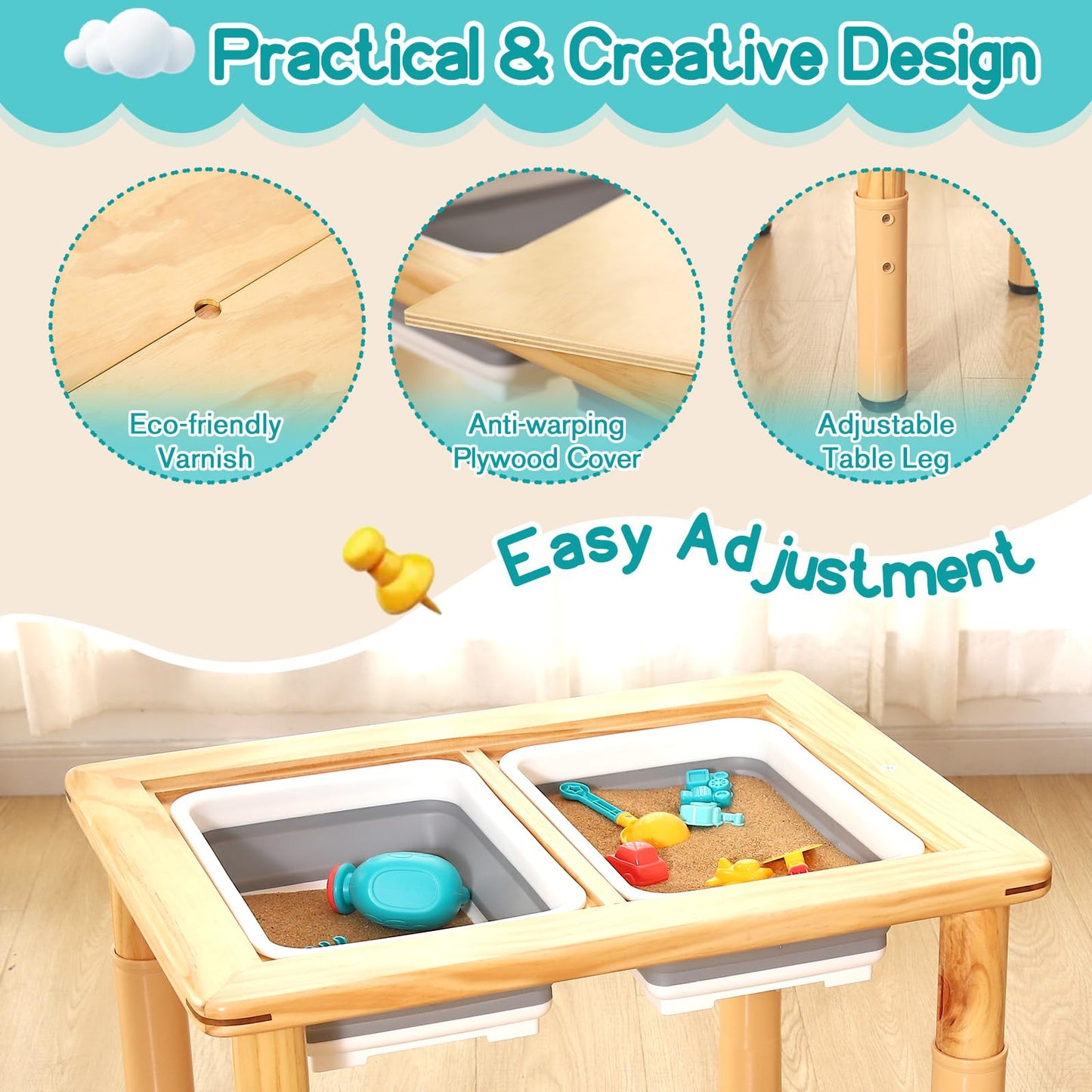 Tavolo sensoriale in legno FUNLIO con 2 contenitori per bambini da 1 a 5 anni, altezza regolabile su 4 livelli