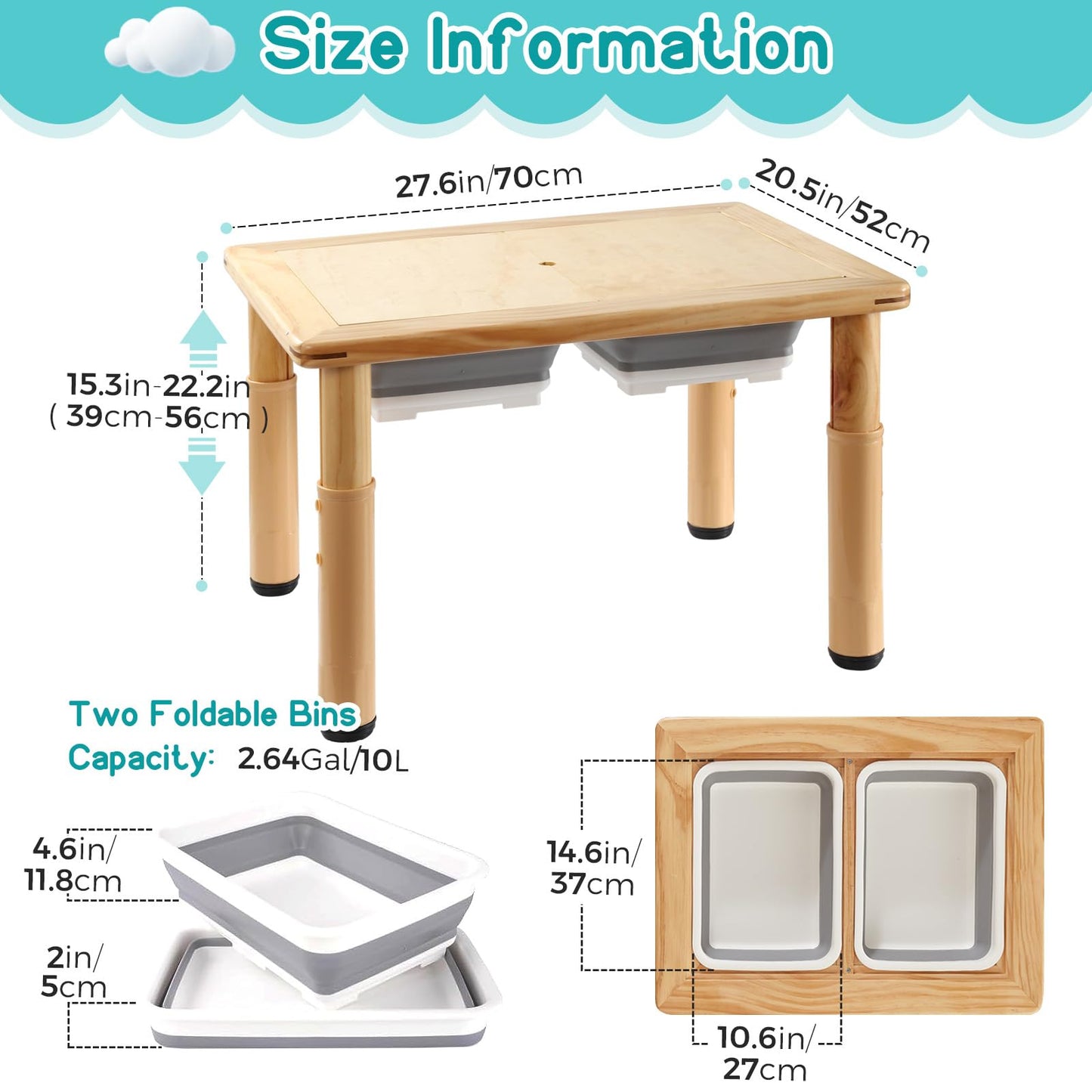 Tavolo sensoriale in legno FUNLIO con 2 contenitori per bambini da 1 a 5 anni, altezza regolabile su 4 livelli