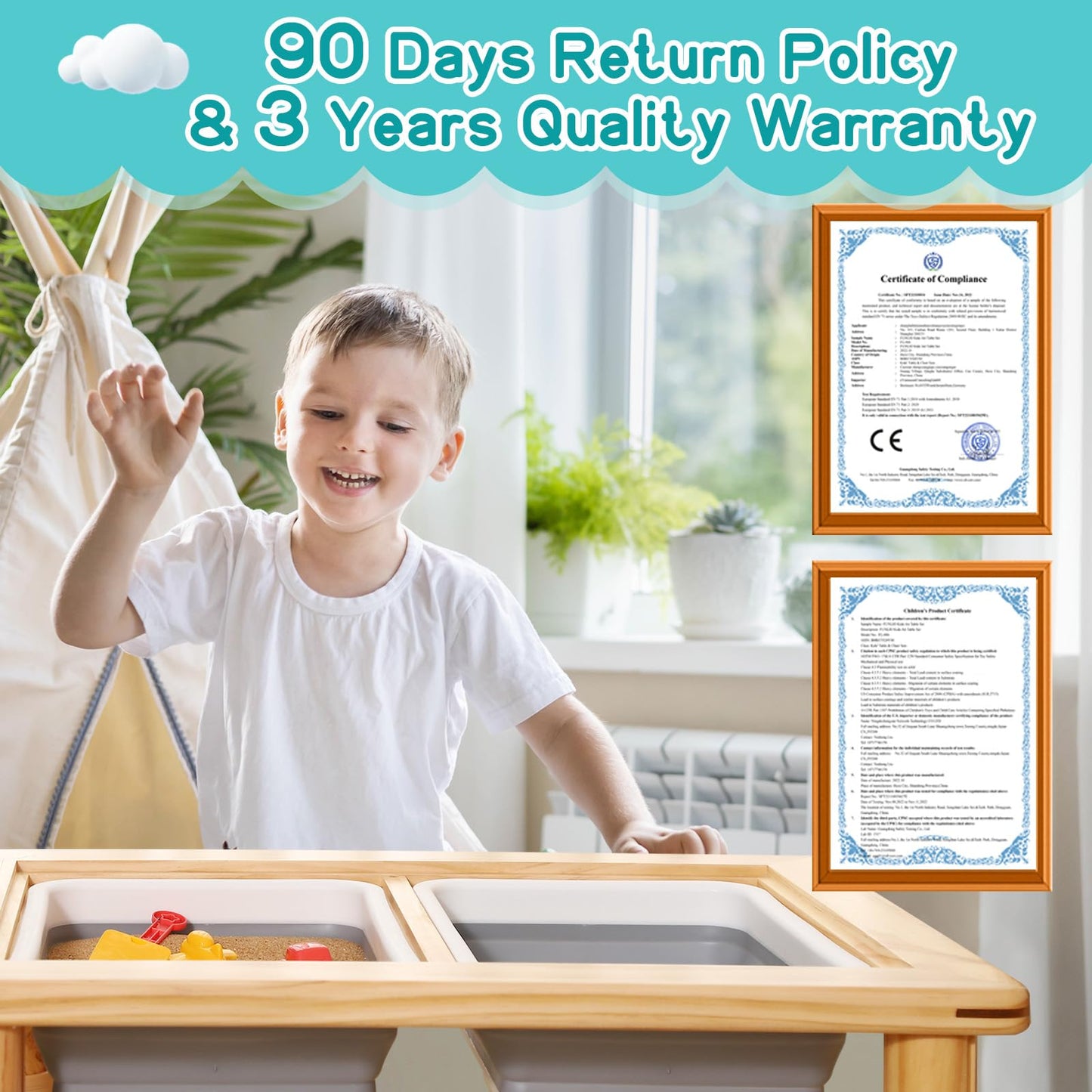Tavolo sensoriale in legno FUNLIO con 2 contenitori per bambini da 1 a 5 anni, altezza regolabile su 4 livelli