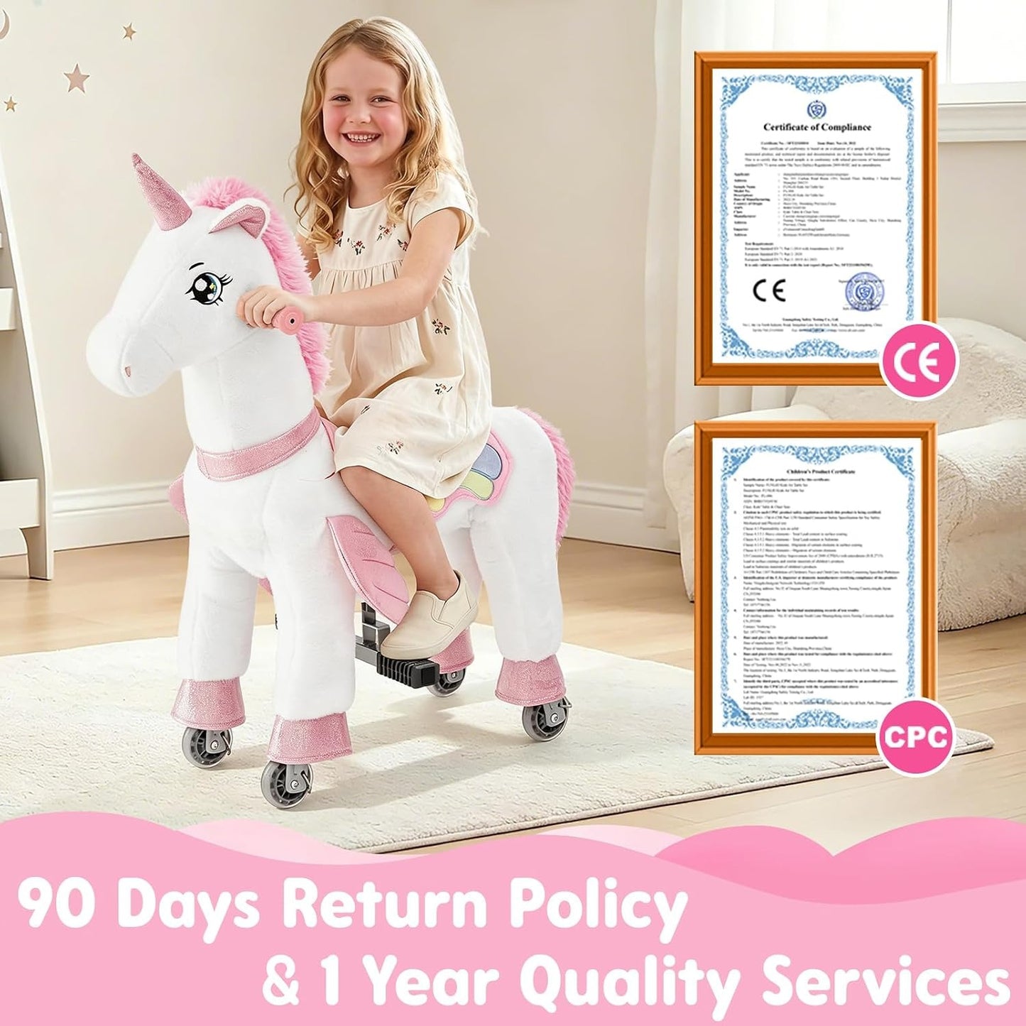 FUNLIO Ride on Unicorn Horse for Kids 5-12, Plush Ride-On Toys with Wheels for Indoor & Outdoor Play, Easy to Assemble, CPC & CE Certified-Large