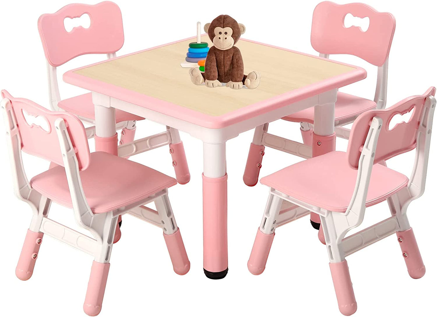 FUNLIO Kids Table and 4 Chairs Set, Height Adjustable Toddler Table and Chair Set - Pink