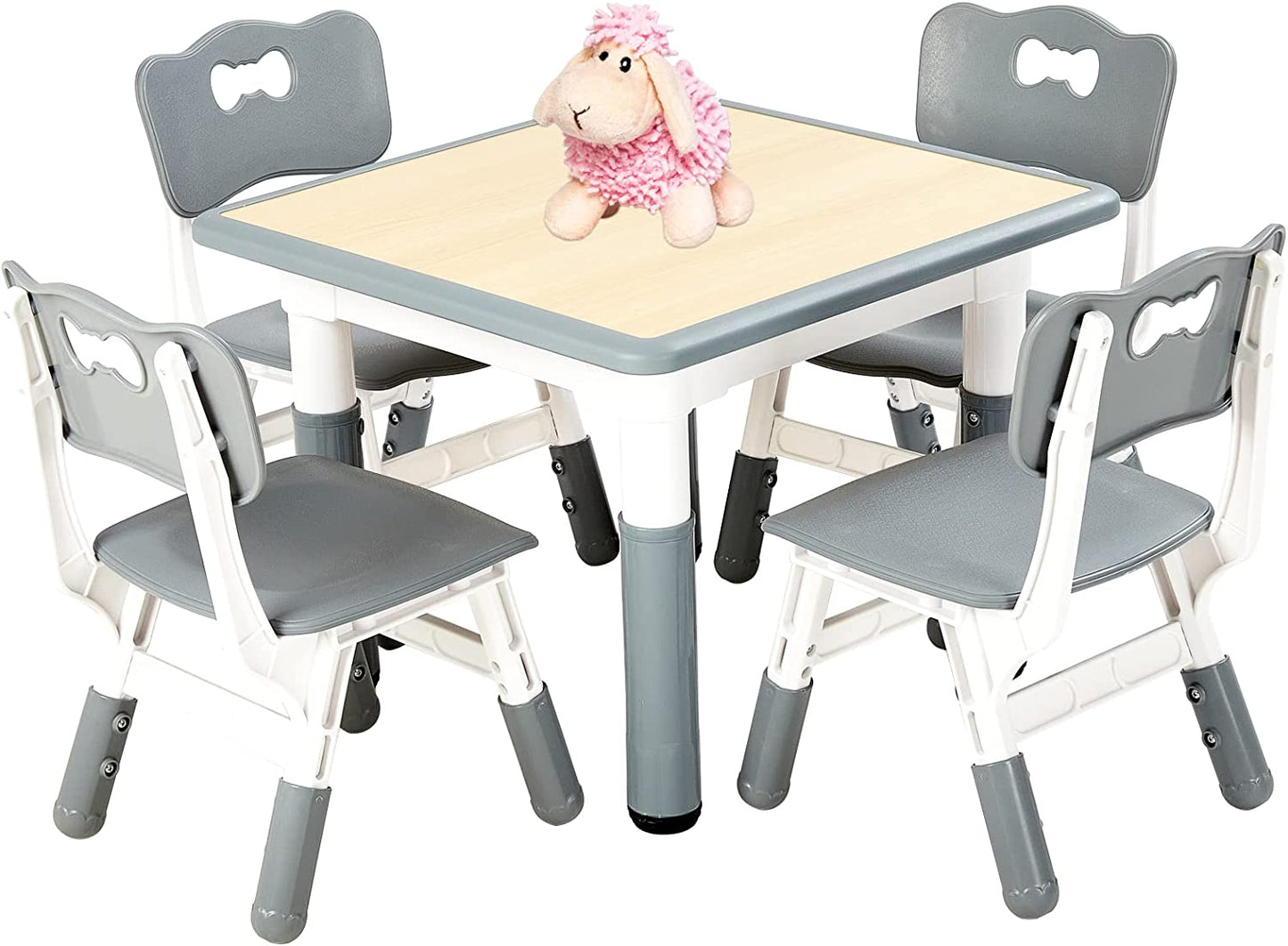 FUNLIO Kids Table and 4 Chairs Set, Height Adjustable Toddler Table and Chair Set - Gray