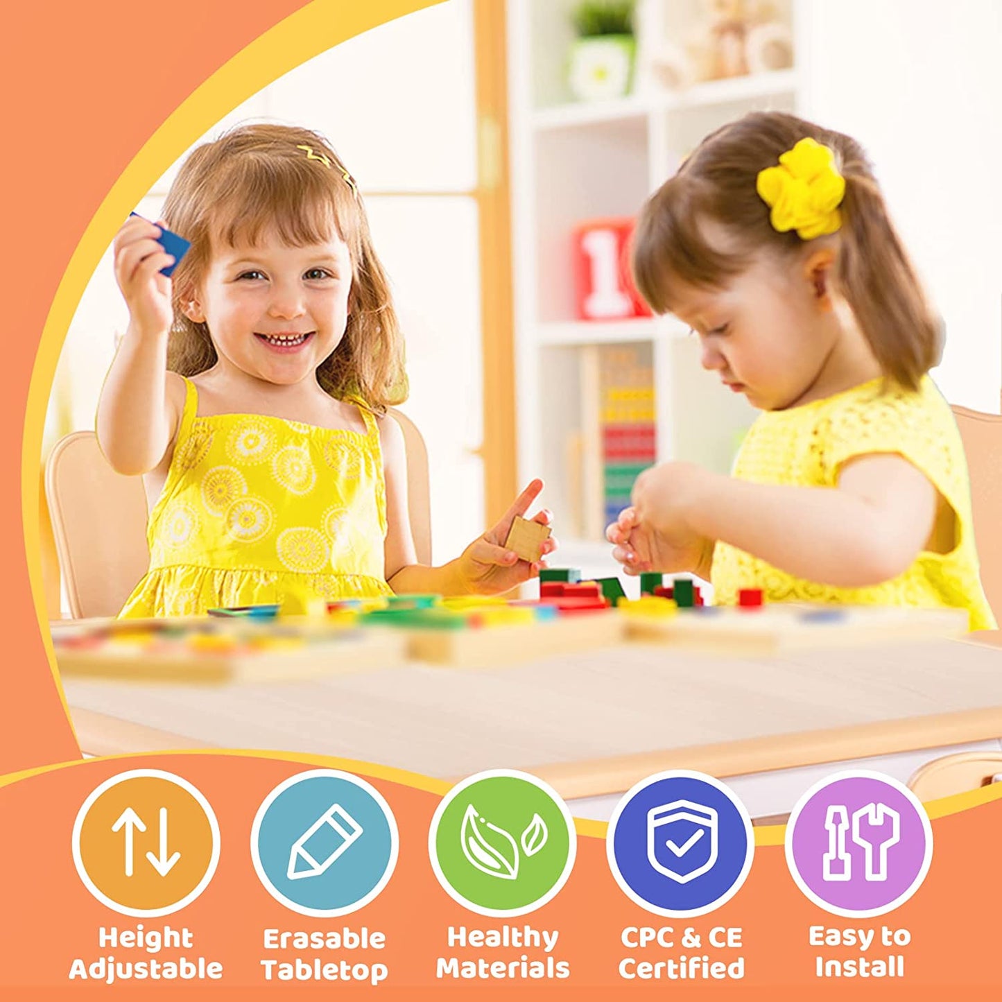 FUNLIO Set tavolo e 4 sedie per bambini, tavolo e sedie regolabili in altezza per bambini piccoli
