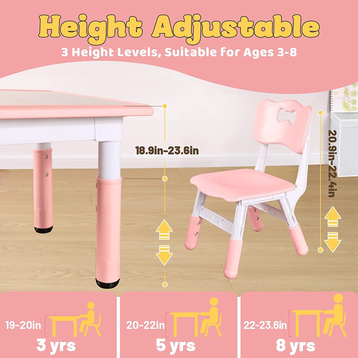 FUNLIO Kids Table and 4 Chairs Set, Height Adjustable Toddler Table and Chair Set - Pink