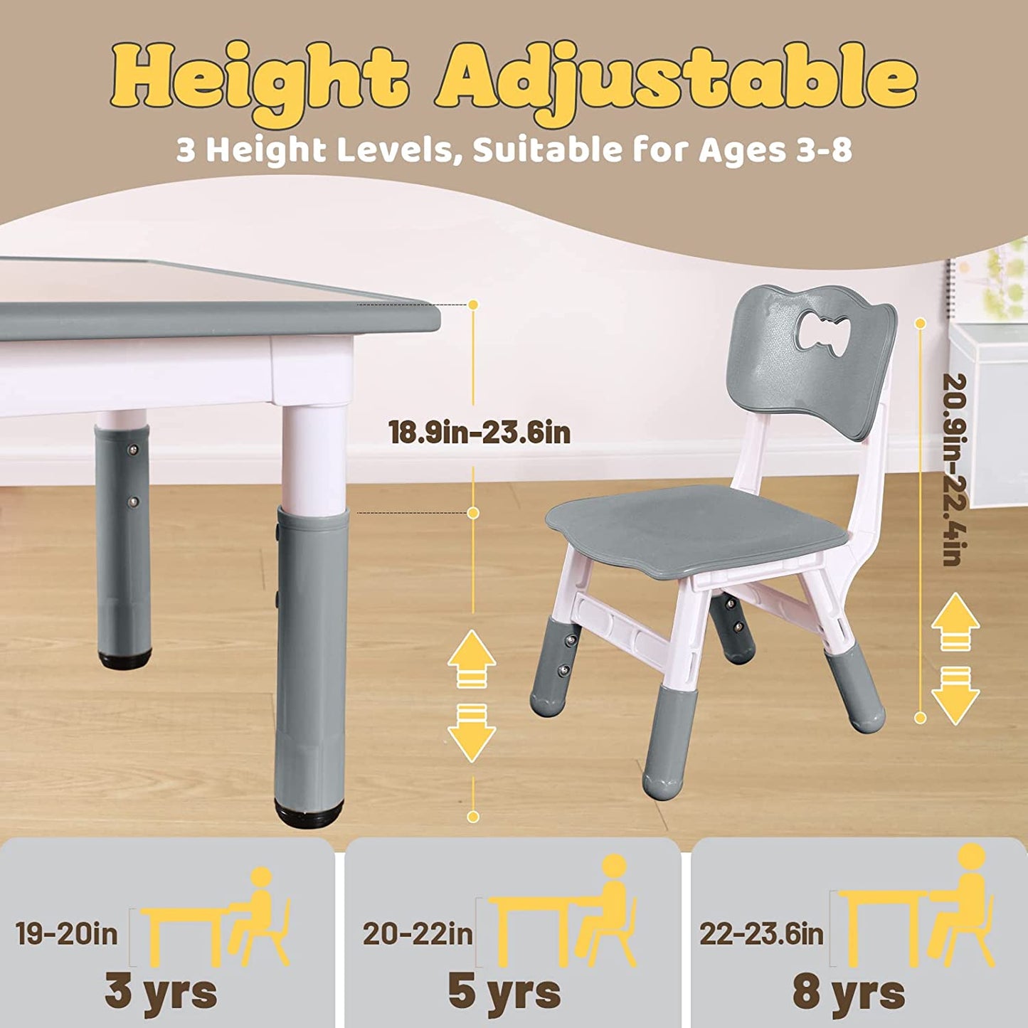 FUNLIO Kids Table and 4 Chairs Set, Height Adjustable Toddler Table and Chair Set - Gray