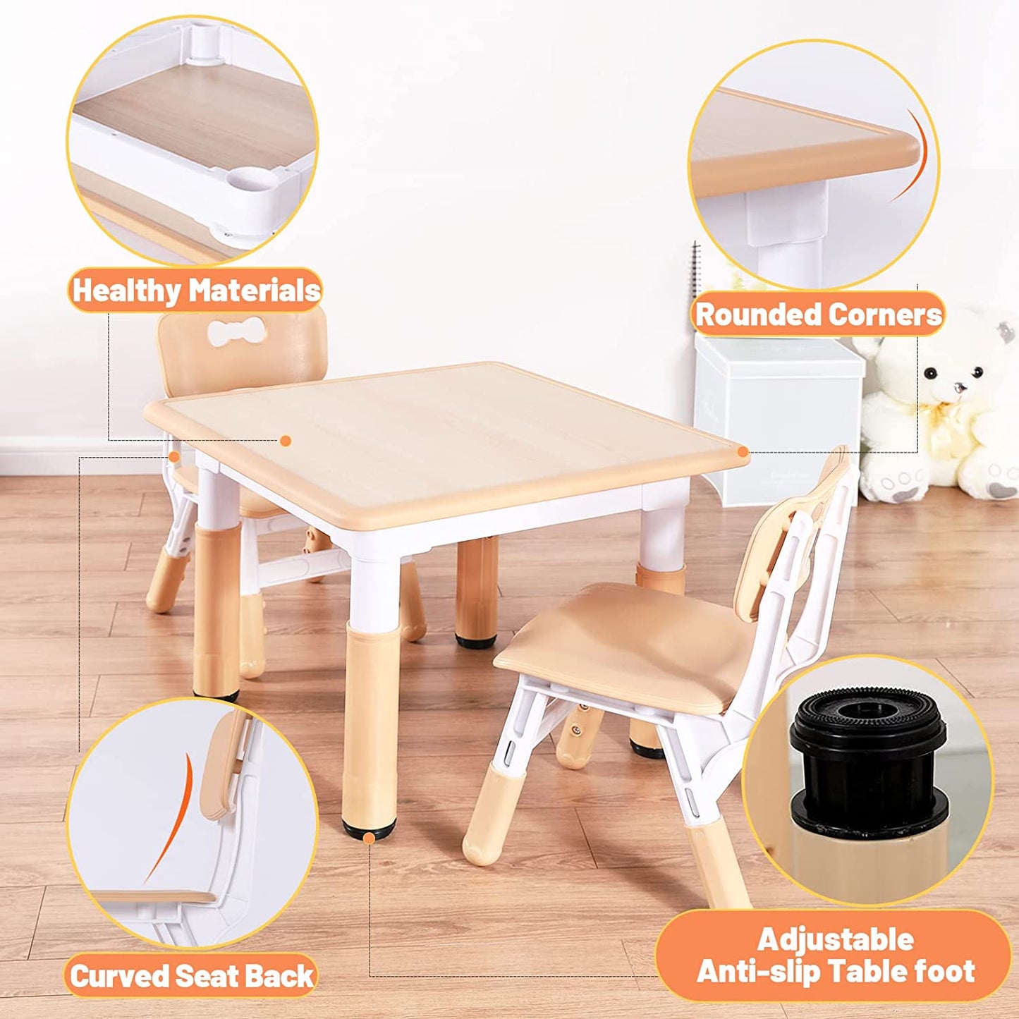 FUNLIO Set tavolo e 4 sedie per bambini, tavolo e sedie regolabili in altezza per bambini piccoli