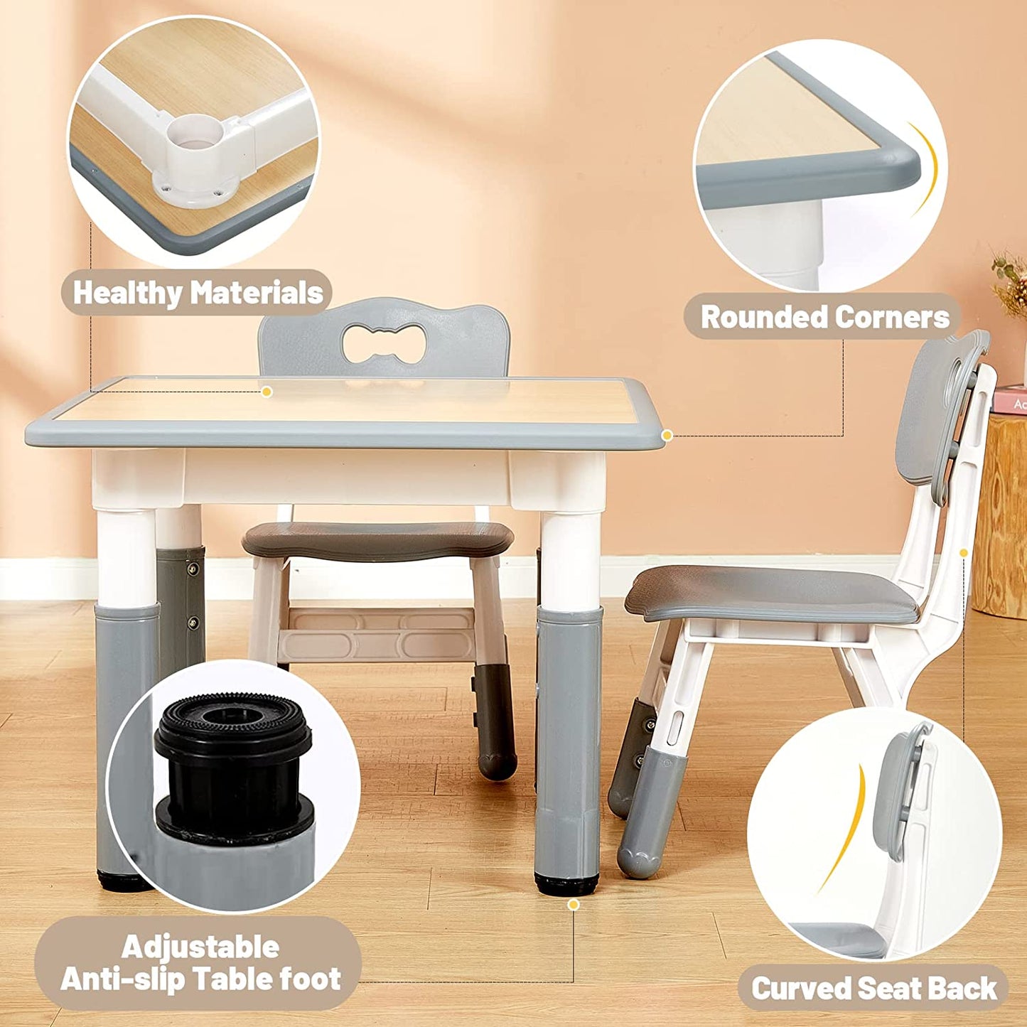 FUNLIO Kids Table and 4 Chairs Set, Height Adjustable Toddler Table and Chair Set - Gray