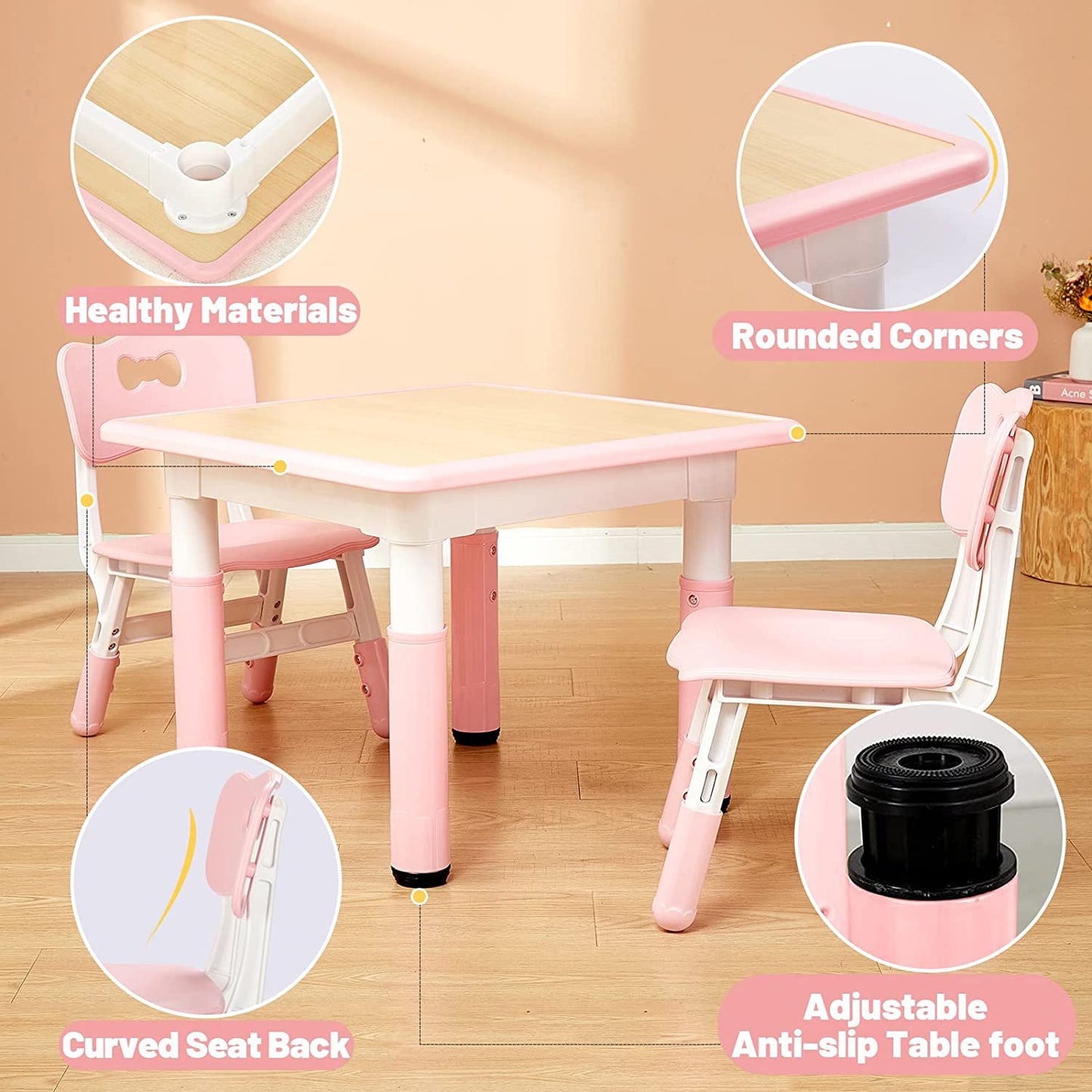 FUNLIO Kids Table and 4 Chairs Set, Height Adjustable Toddler Table and Chair Set - Pink