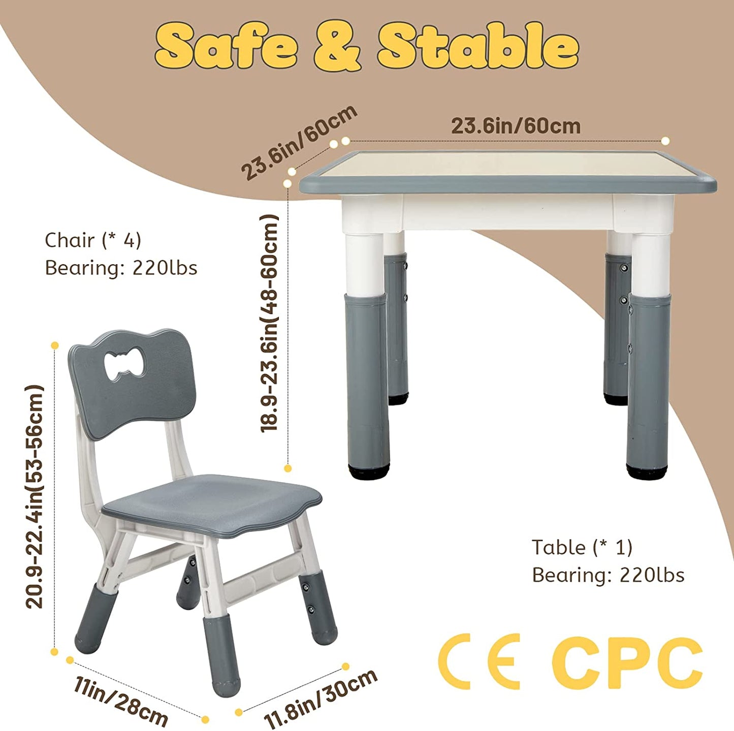 FUNLIO Kids Table and 4 Chairs Set, Height Adjustable Toddler Table and Chair Set - Gray