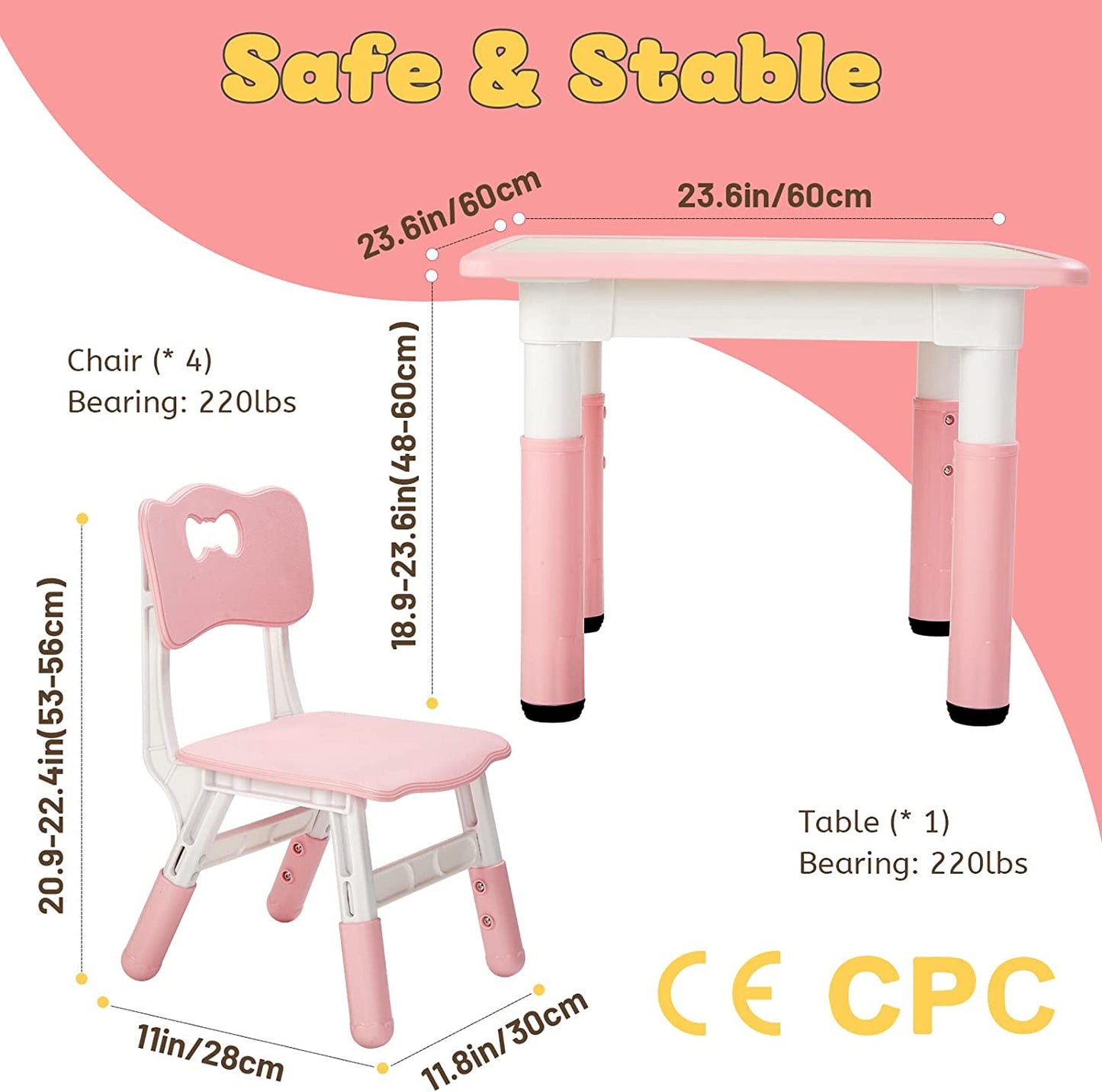 FUNLIO Kids Table and 4 Chairs Set, Height Adjustable Toddler Table and Chair Set - Pink