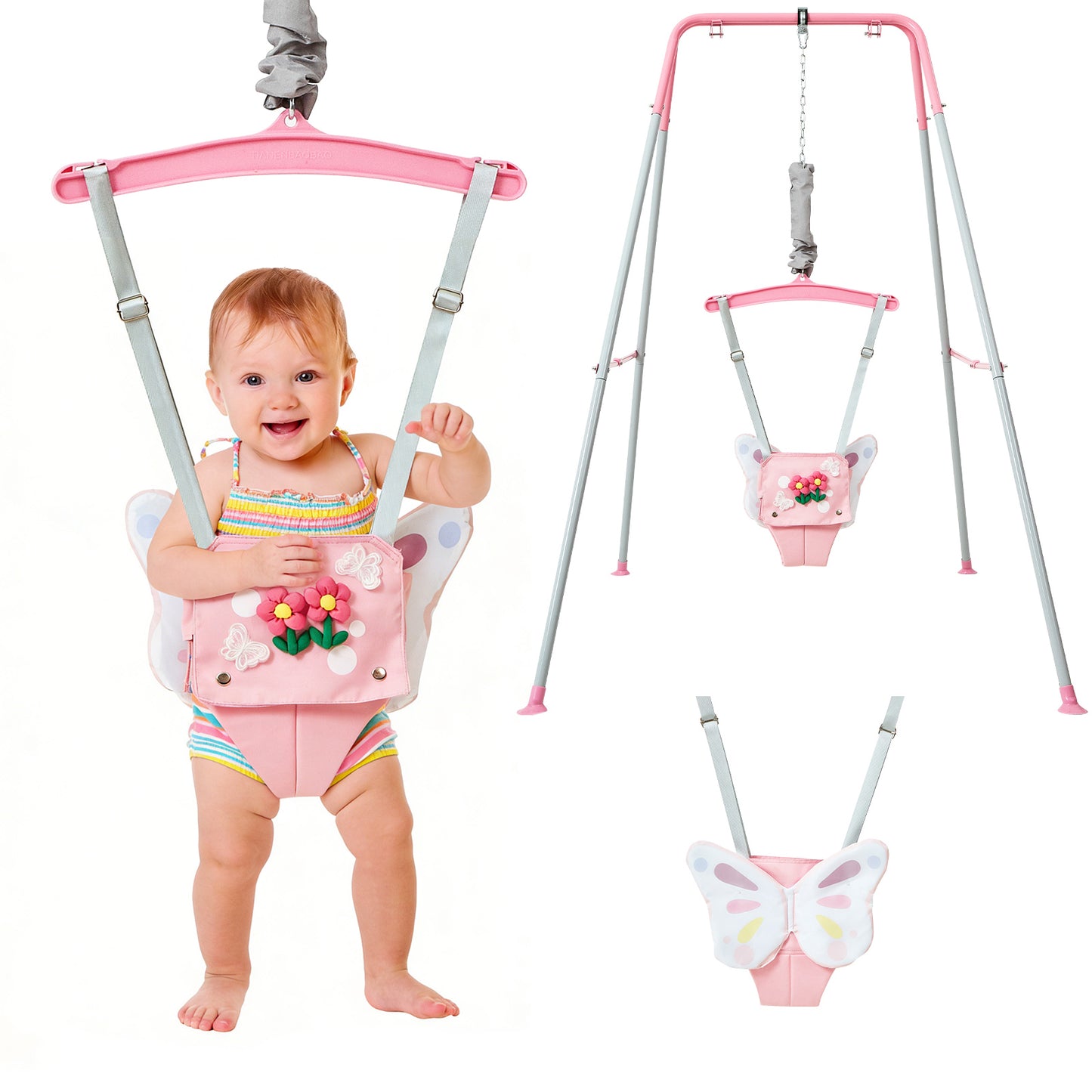 FUNLIO Baby Jumper with Stand for 6-24 Months, Infant Jumper for Indoor/Outdoor Play, Toddler Jumper for Baby Girl/Boy, with Adjustable Chain, Easy to Assemble & Store (with Stand) - Pink Butterfly