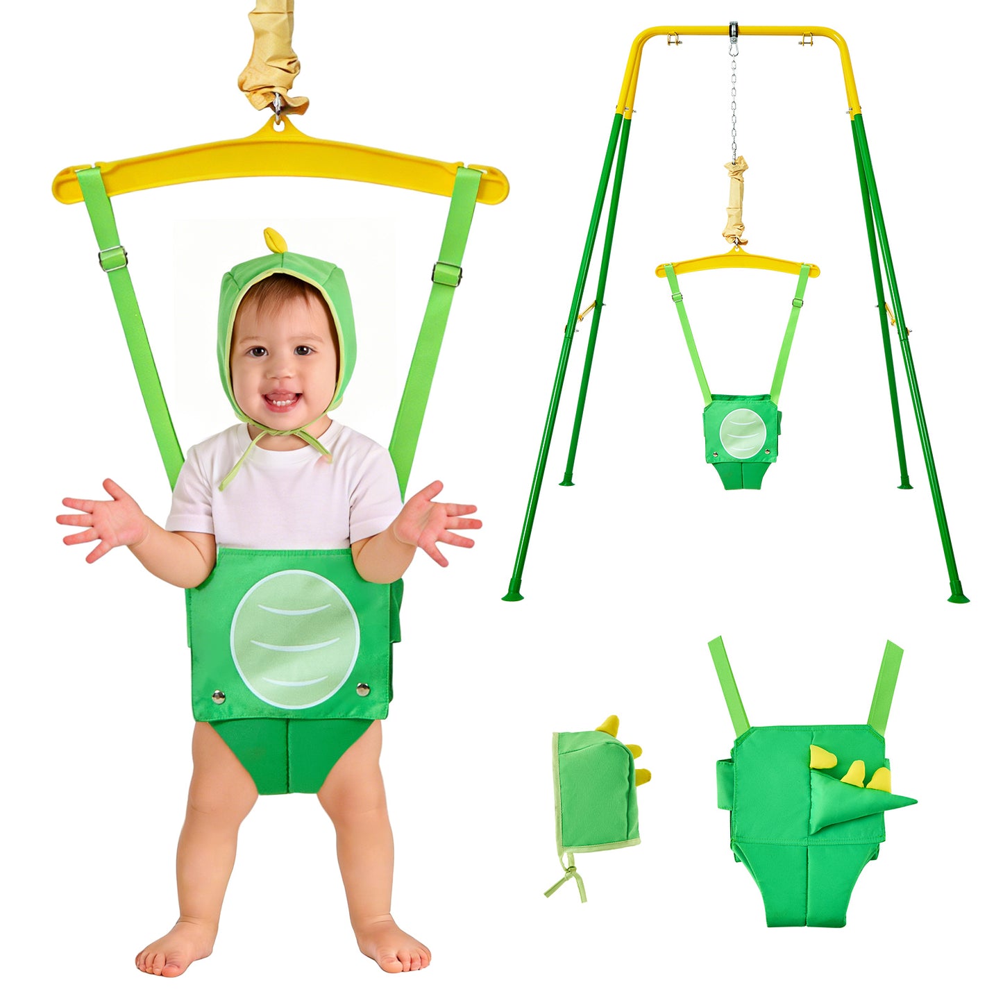 FUNLIO Baby Jumper with Stand for 6-24 Months, Infant Jumper for Indoor/Outdoor Play, Toddler Jumper for Baby Girl/Boy, with Adjustable Chain, Easy to Assemble & Store (with Stand) - Green Dinosaur