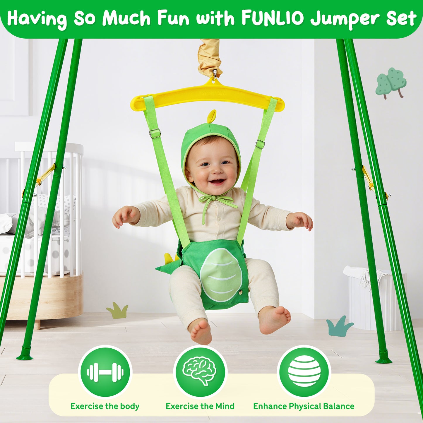 FUNLIO Baby Jumper with Stand for 6-24 Months, Infant Jumper for Indoor/Outdoor Play, Toddler Jumper for Baby Girl/Boy, with Adjustable Chain, Easy to Assemble & Store (with Stand) - Green Dinosaur