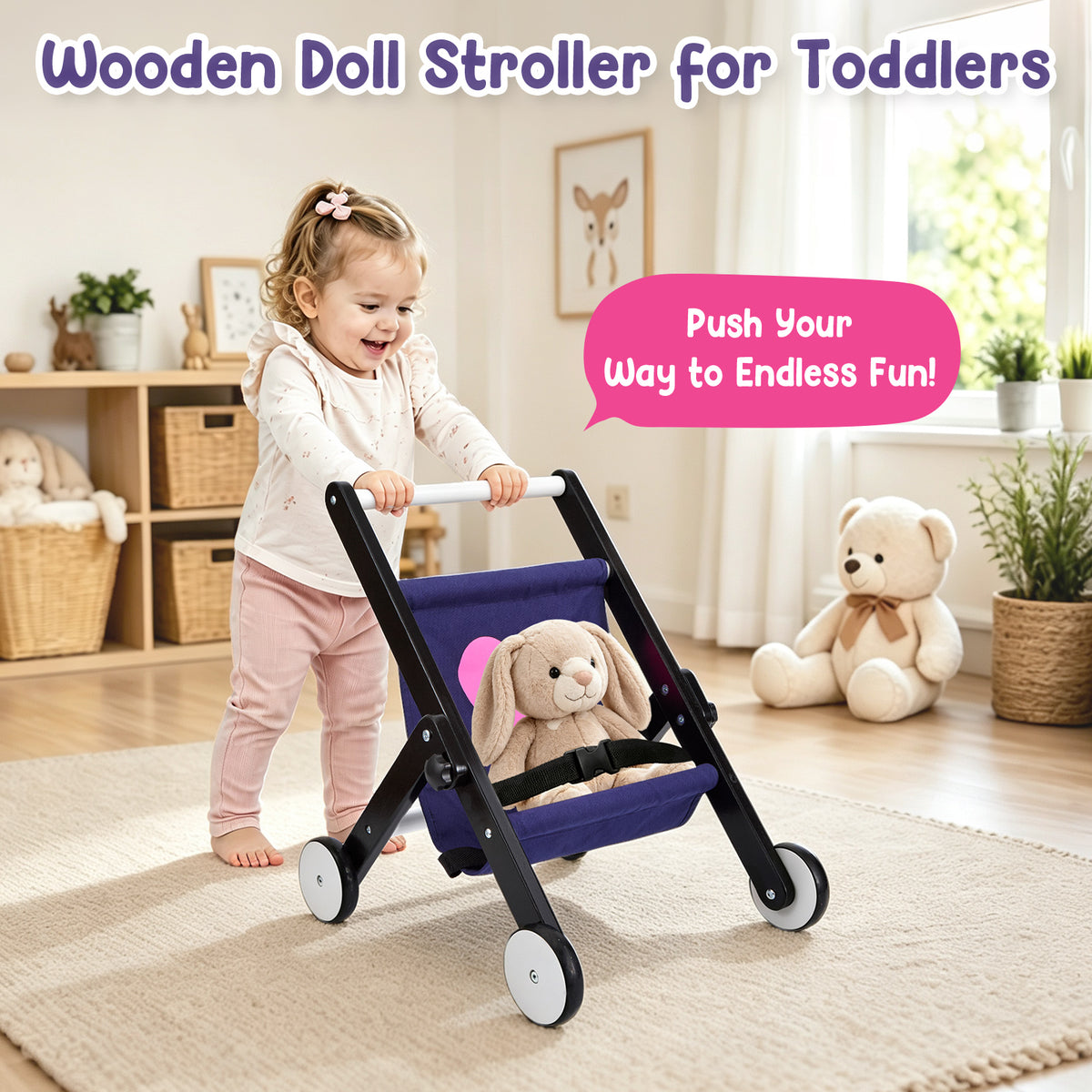 FUNLIO Wooden Doll Stroller for Toddlers 12 Months+，Black