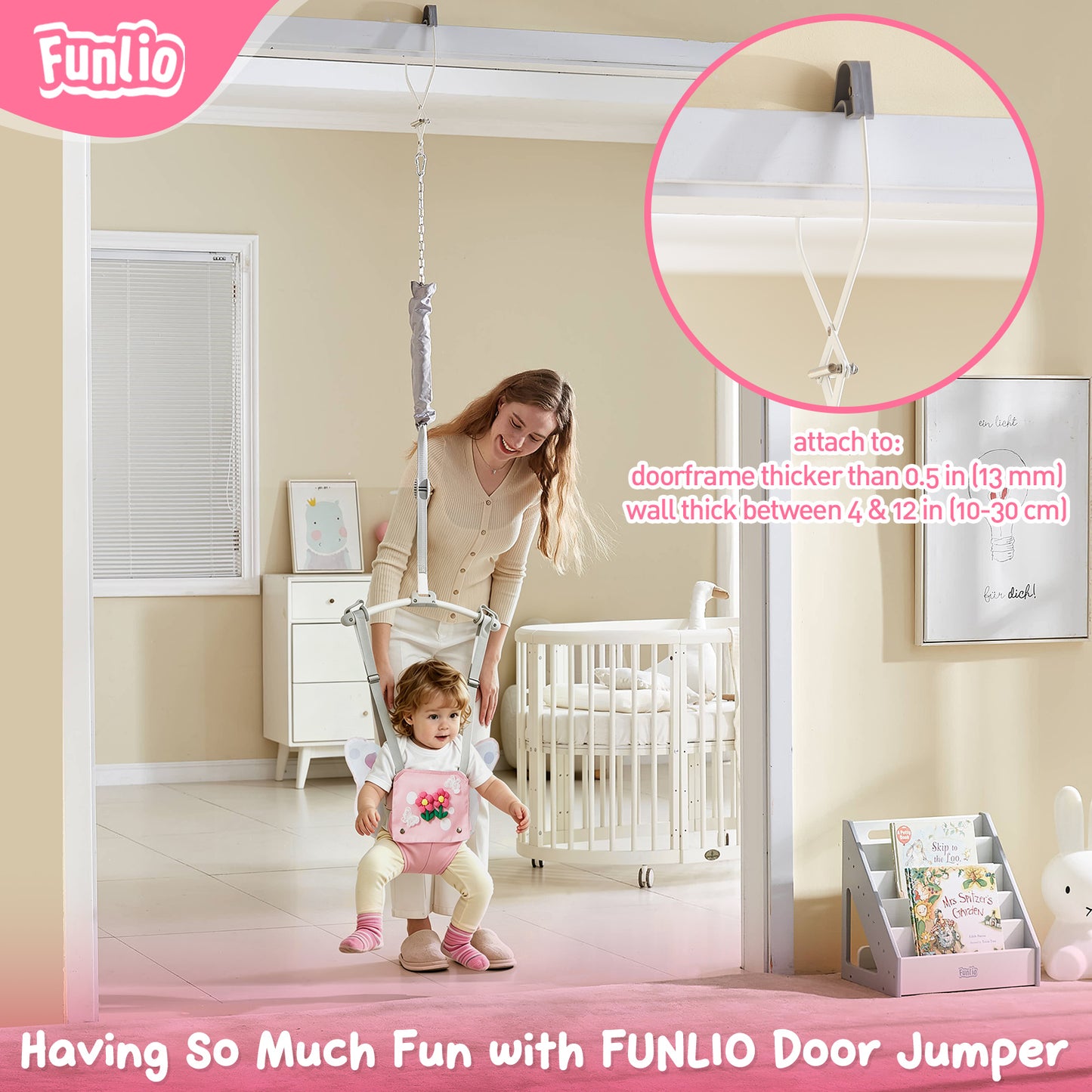 FUNLIO Baby Jumper da Porta per 6-24 Mesi (con Morsetto per Porta), Baby Jumper da Porta con Molla Robusta e Cinghia Regolabile, Sdraietta Portatile per Neonati, Portata 18 kg, Certificazione CPC e CE - Nero 