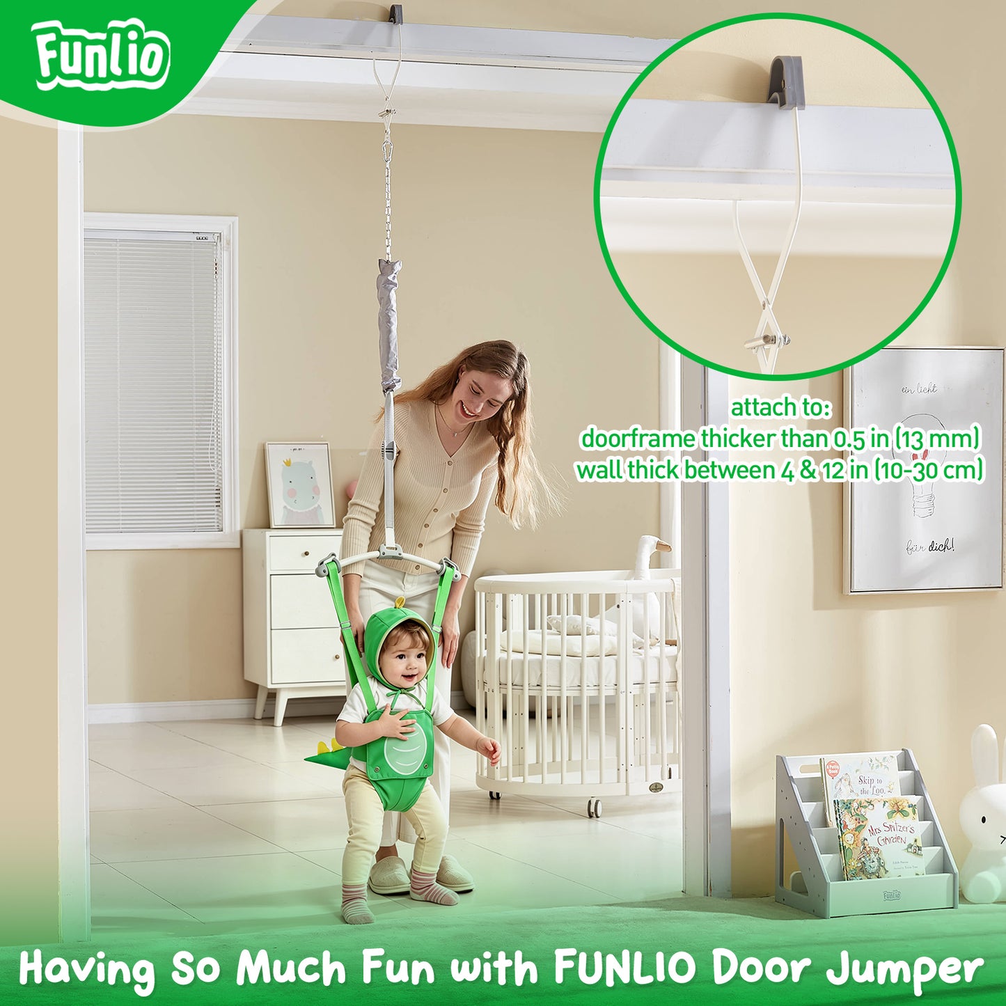 FUNLIO Baby Jumper da Porta per 6-24 Mesi (con Morsetto per Porta), Baby Jumper da Porta con Molla Robusta e Cinghia Regolabile, Sdraietta Portatile per Neonati, Portata 18 kg, Certificazione CPC e CE - Nero 