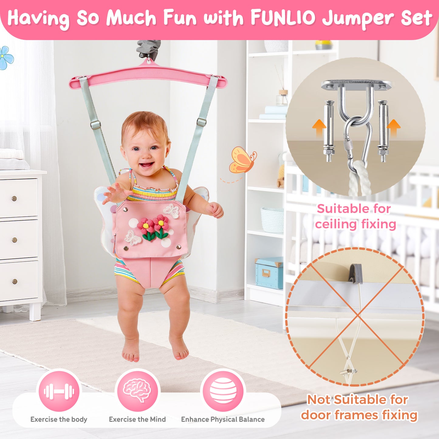 FUNLIO Baby Jumper with a Ceiling Hook for 6-24 Months, Baby Door Jumper for Indoor/Outdoor Play, Jumper Doorway with Adjustable Chain, Easy to Assemble & Store (with a Ceiling Hook) - Pink Butterfly