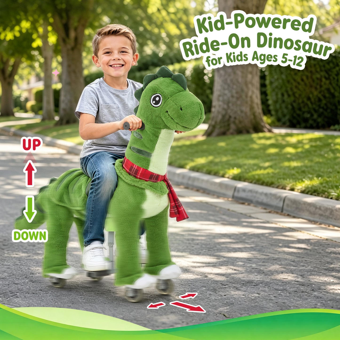 FUNLIO Ride on Dinosaur Horse for Kids 5-12, Plush Ride-On Toys with Wheels for Indoor & Outdoor Play, Easy to Assemble, CPC & CE Certified-Large