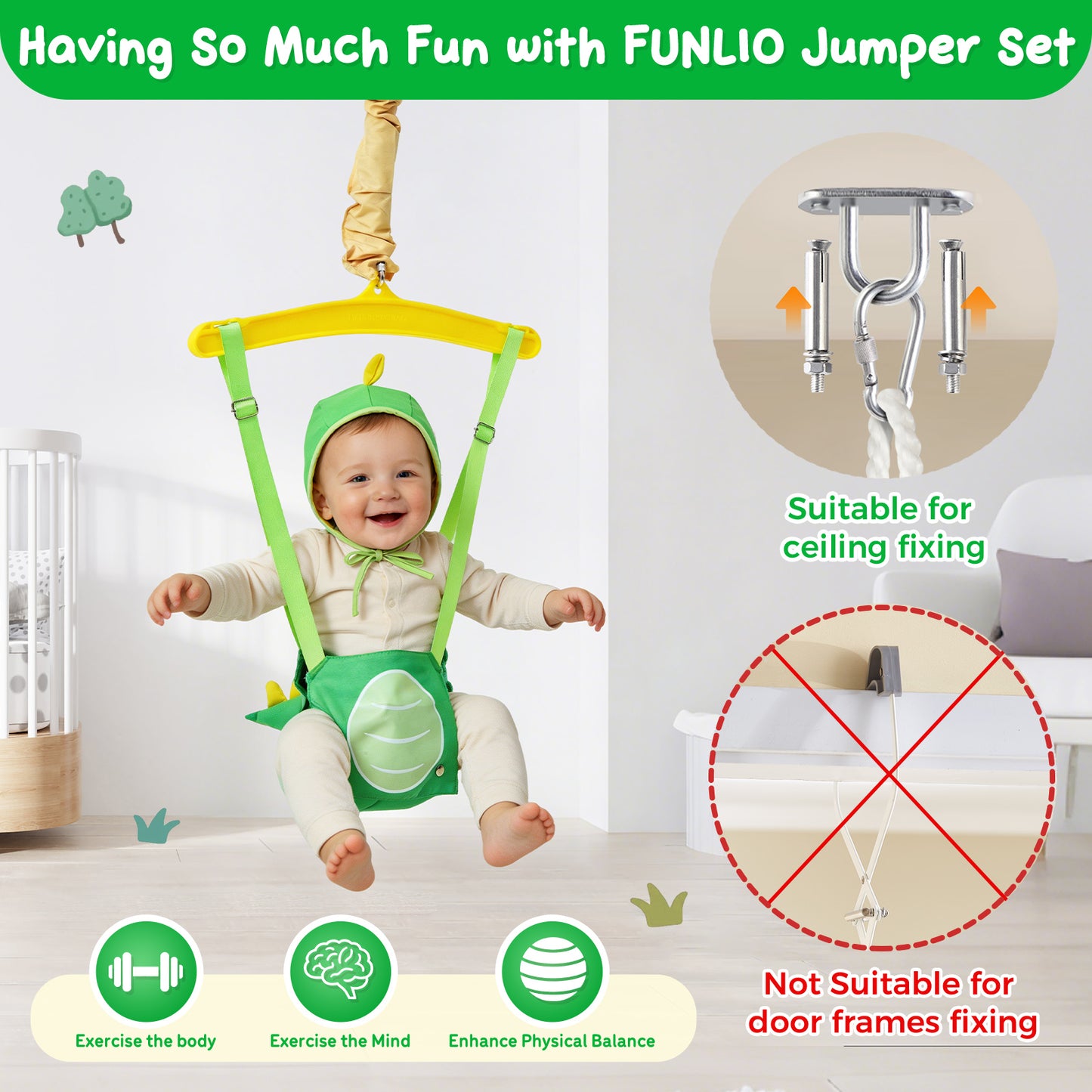 FUNLIO Baby Jumper with a Ceiling Hook for 6-24 Months, Baby Door Jumper for Indoor/Outdoor Play, Jumper Doorway with Adjustable Chain, Easy to Assemble & Store (with a Ceiling Hook) - Green Dinosaur