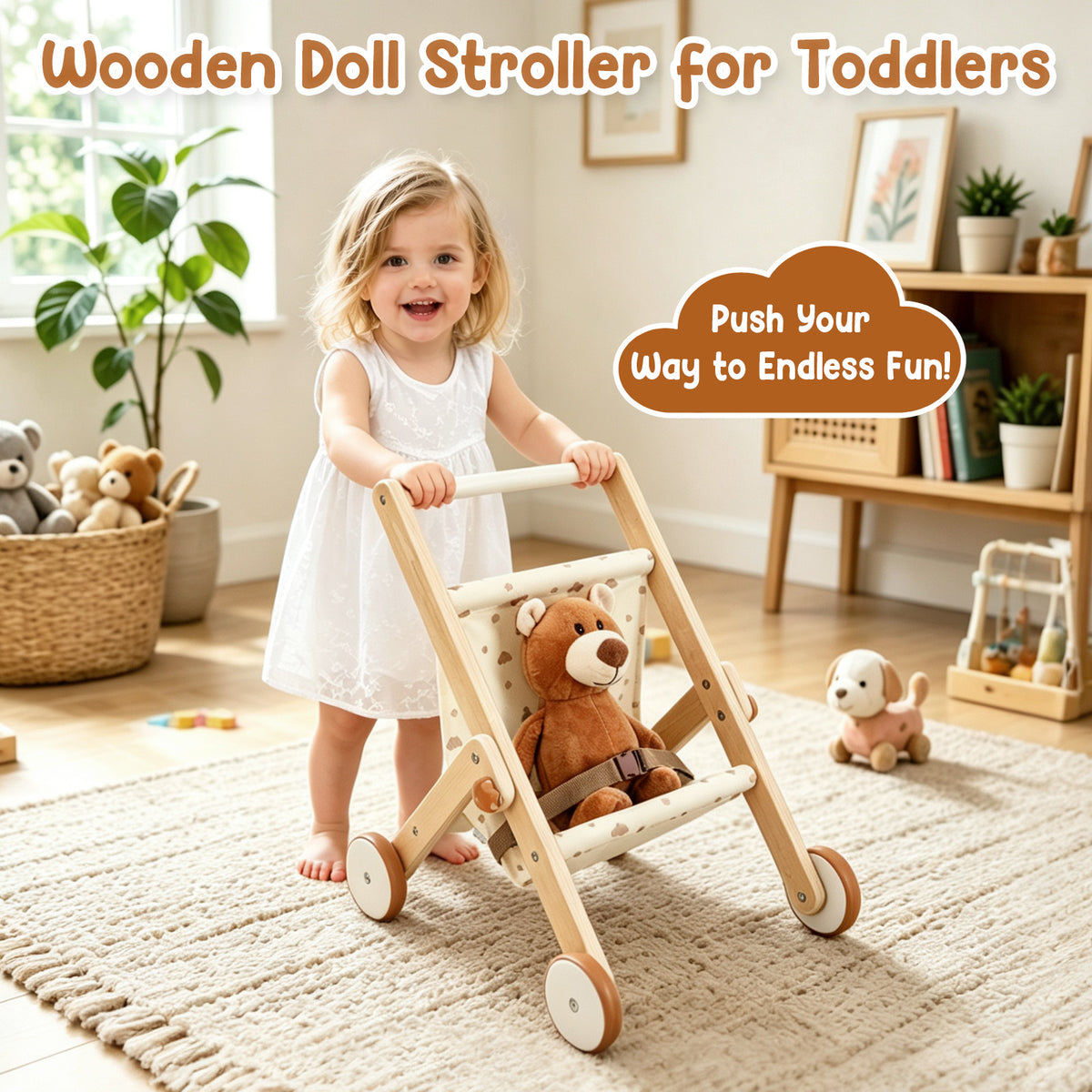 FUNLIO Wooden Doll Stroller for Toddlers 12 Months+，Natural