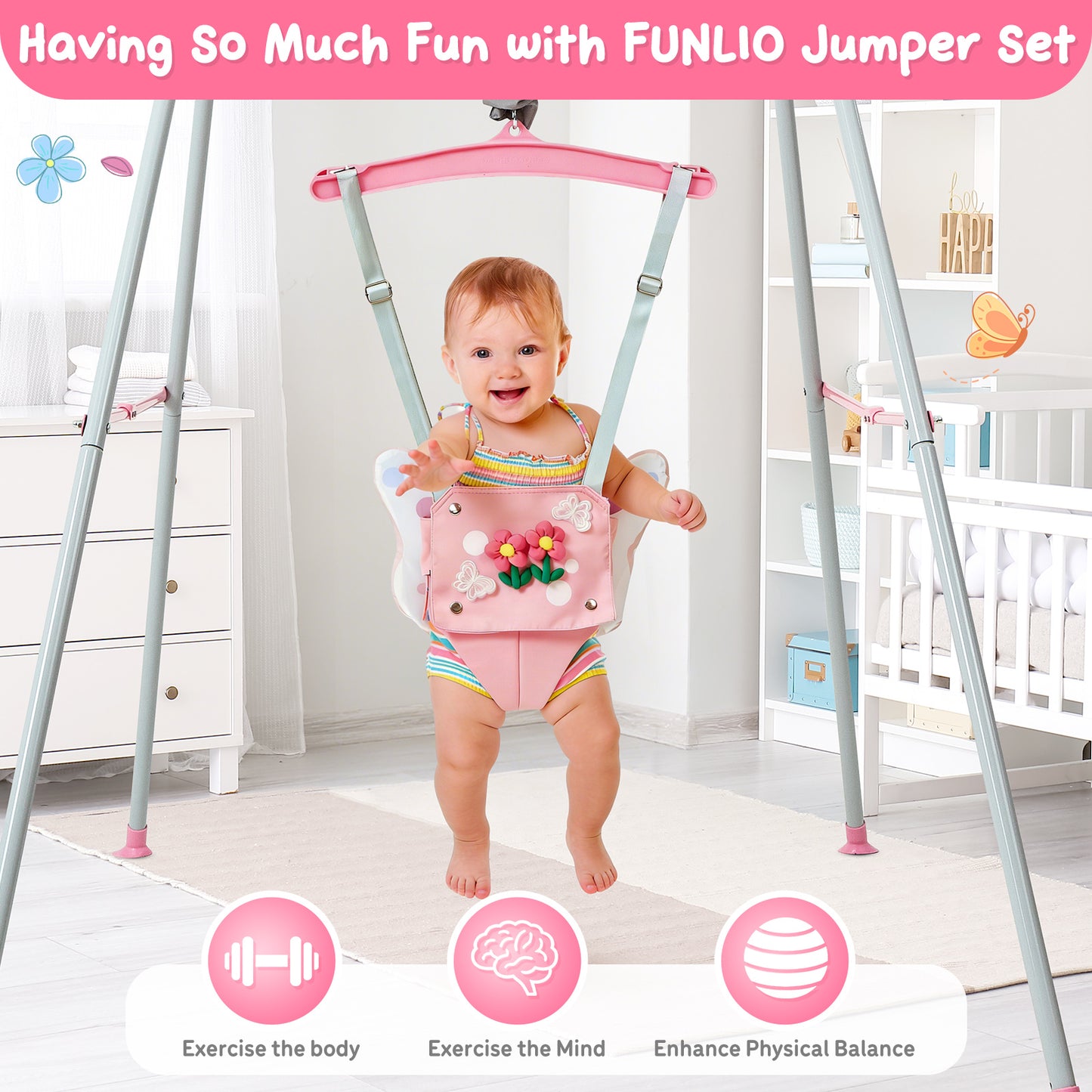 FUNLIO Baby Jumper with Stand for 6-24 Months, Infant Jumper for Indoor/Outdoor Play, Toddler Jumper for Baby Girl/Boy, with Adjustable Chain, Easy to Assemble & Store (with Stand) - Pink Butterfly