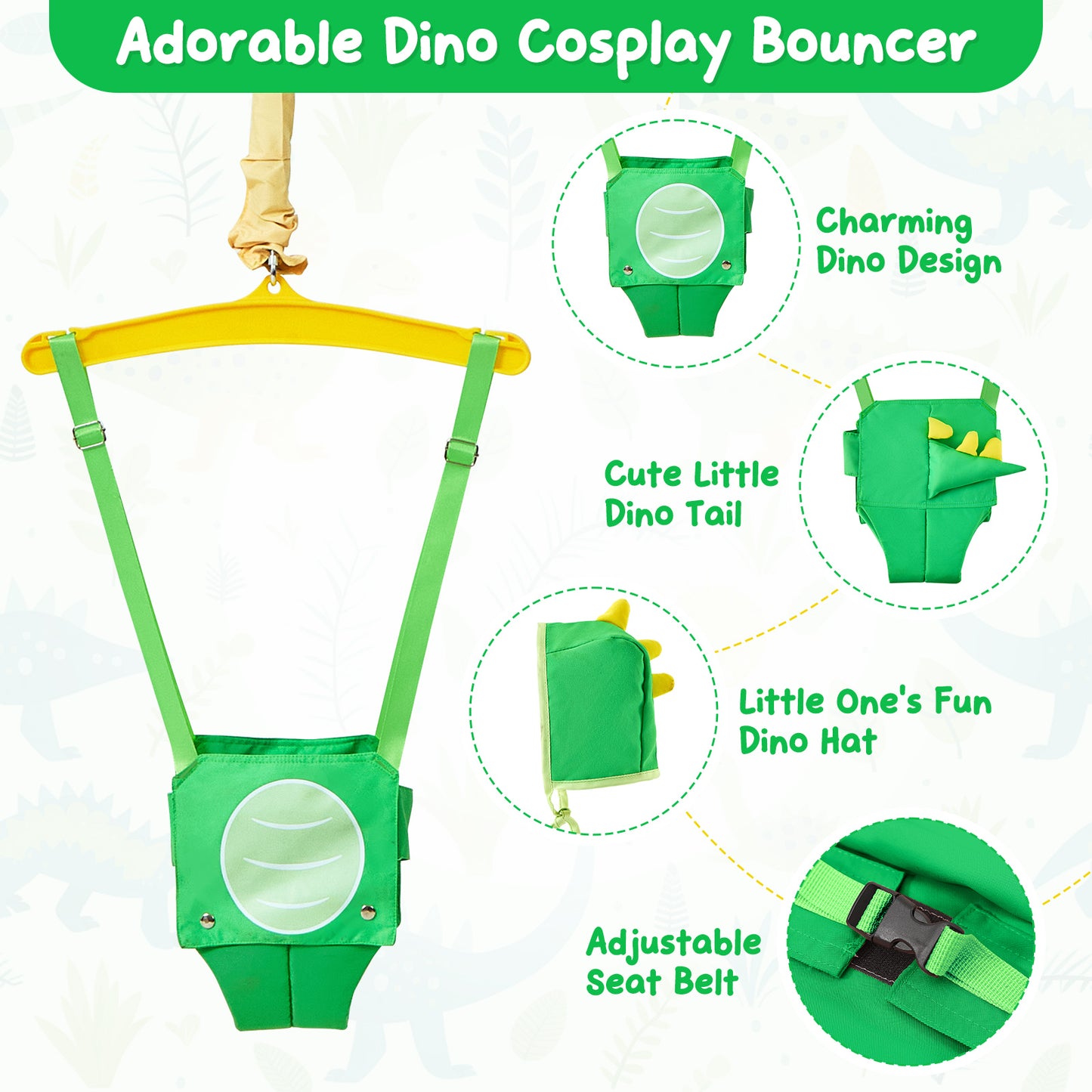FUNLIO Baby Jumper with Stand for 6-24 Months, Infant Jumper for Indoor/Outdoor Play, Toddler Jumper for Baby Girl/Boy, with Adjustable Chain, Easy to Assemble & Store (with Stand) - Green Dinosaur