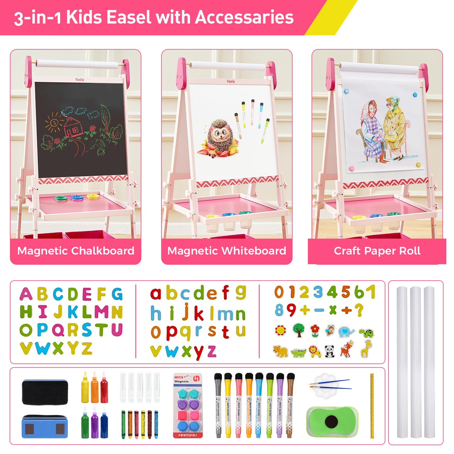 FUNLIO Kids Art Easel, 3 Height Adjustable for Kids, Pink